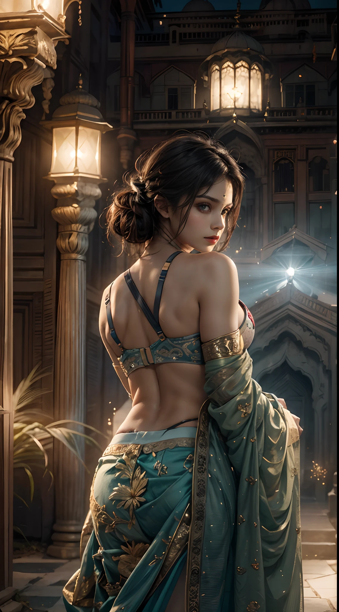 walking in a moonlit courtyard, exotic girl, indian, looking at the viewer, shining skin, perfect lighting, the embodiment of grace and elegance, (saree and bra), (Big Tits:1.5), cleavage, clear curvy details, beautiful curves, detailed eyes, detailed pupil, volumetric lighting, Ultra Detailed, unity 8k wallpaper, ultra detailed, aesthetic, masterpiece, best quality, photorealistic