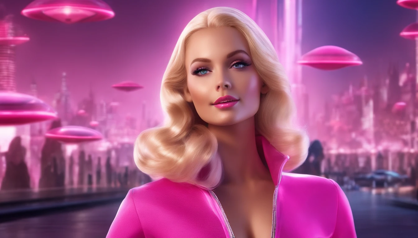 high quality, futuristic, blonde girl like barbie, looking at viewer with a smile, pink outfit, in a futuristic city, with flying saucers