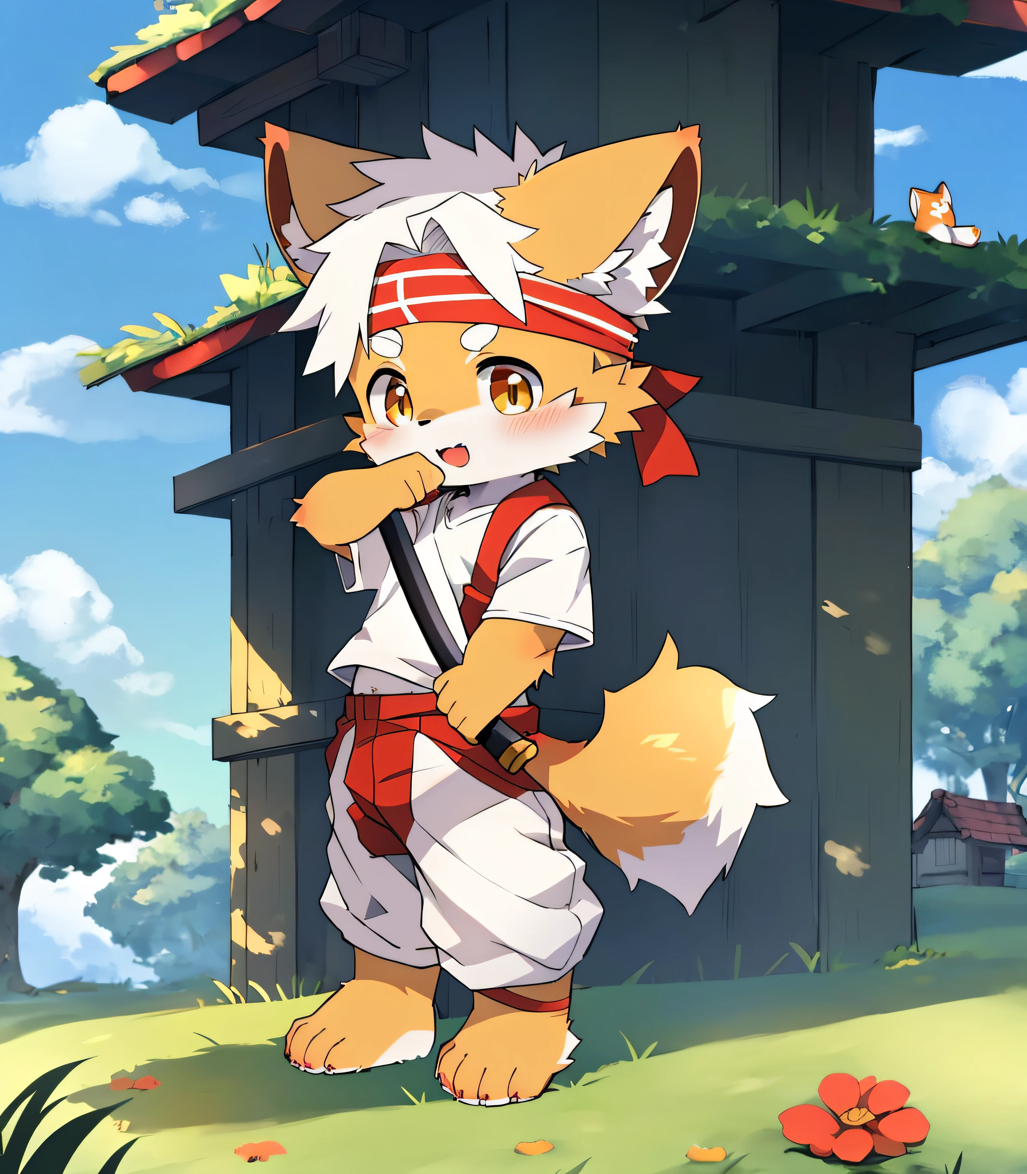 class:Red panda,Red panda,Red panda teenager,Red Panda Boy,Golden fur,Sharp ears,Golden fur,Golden skin,Beast too,Orc little boy,grassy fields,lawns,standing on your feet,Attention,blue-sky,shaggy,shaggy,Golden fur,Golden fur,Golden fur,Golden fur,male people,canid,adolable,adolable,adolable,solo person,Golden fur,Golden eyes,Thick eyebrows,Fluffy tail,white short sleeve,short white pants,ultra - detailed:1.0,Libido boy,ddlers,tolers,toddrs,Children,children's,Gamine,Beast too,Beast too,Beast too,adolable,adolable,younge boy(Via Dagasi:1.1),anatomy correct,Barefoot paws,Barefoot paws,standing on your feet,Attention,bald-headed,bald-headed,balding,balding,Golden paws,Golden paws,Golden paws,Golden paws,Stand on the lawn,standing in grassy field,Stand on the lawn,red waistband,Red headband,Blood,A child with a katana in his hand,A child with a serious expression,Golden fur