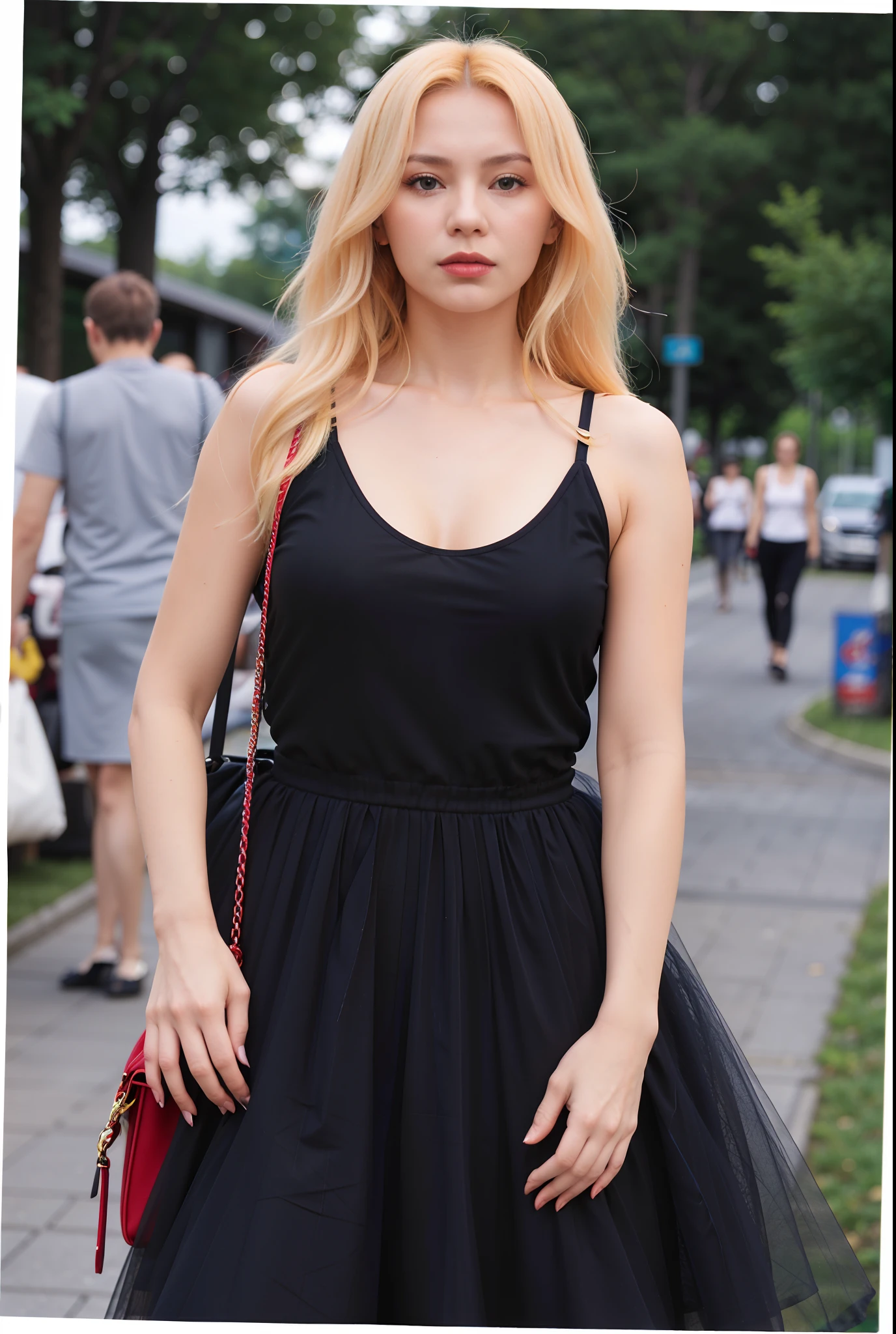 blond woman in black dress with red purse and red purse, style of julia razumova, she is wearing a black tank top, dasha taran, wearing black camisole outfit, anna nikonova, yelena belova, aleksandra waliszewska, irina nordsol kuzmina, alina ivanchenko, wearing : tanktop