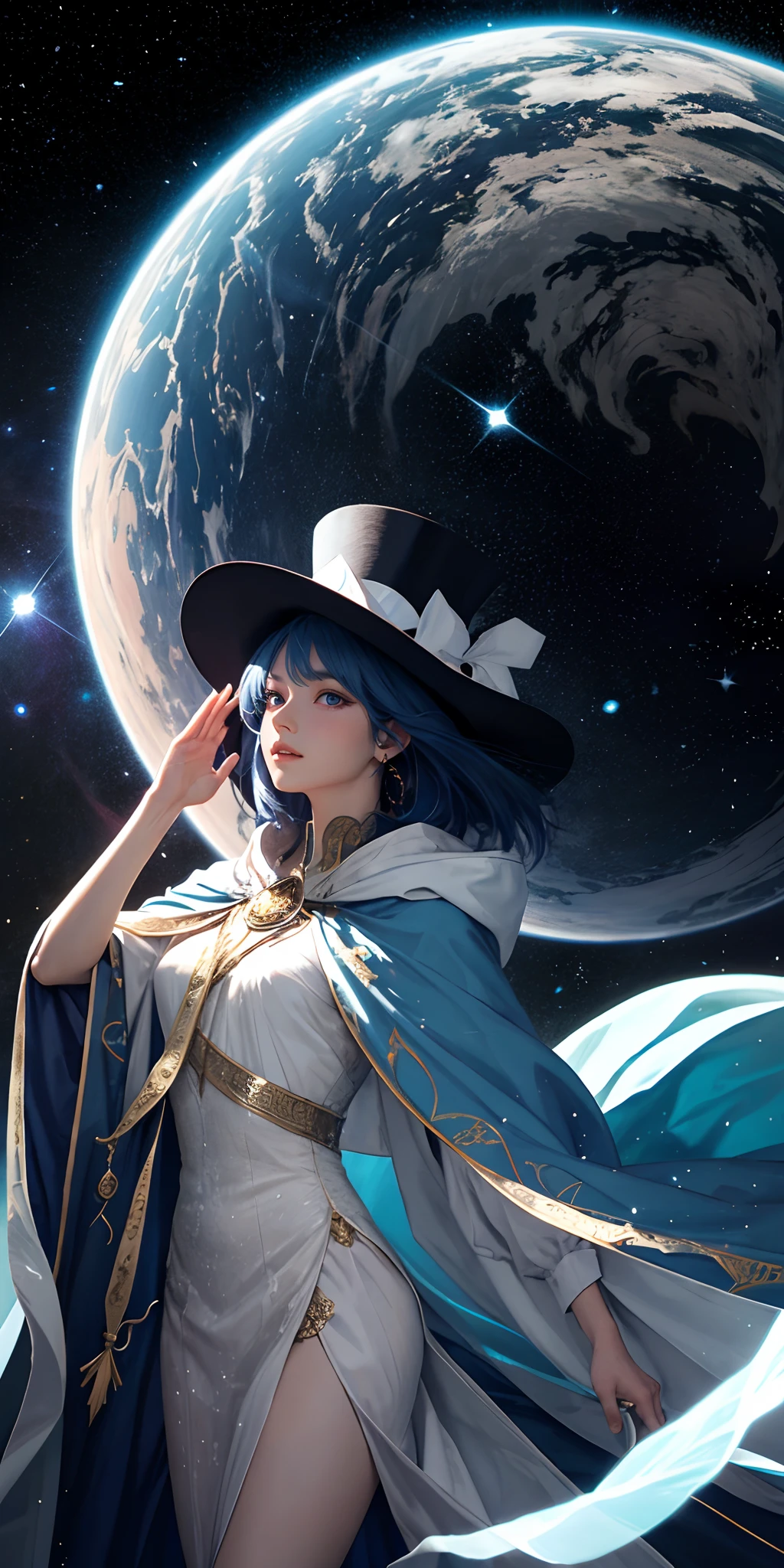 The otherworldly magician steps onto the stage, an enigmatic figure shrouded in a swirling cloak of iridescent stars. Wearing a majestic tophat and cloak as she performs with a flourish of cosmic gestures, they conjure mesmerizing wonders from the very fabric of the universe. Nebulas dance in their hands, forming ethereal illusions that defy the laws of reality. Planets and galaxies orbit around them as they weave spells of breathtaking splendor. The audience gazes in awe as time and space warp at their command, and the boundaries of the known world blur into obscurity. It's a show that transcends mortal comprehension, a display of cosmic artistry that leaves all who witness it forever changed. Best quality, intricate details, clean lines, entrancing composition, celestial tones, anime realism, capturing the essence of supernatural mastery, a spellbinding and unforgettable illustration