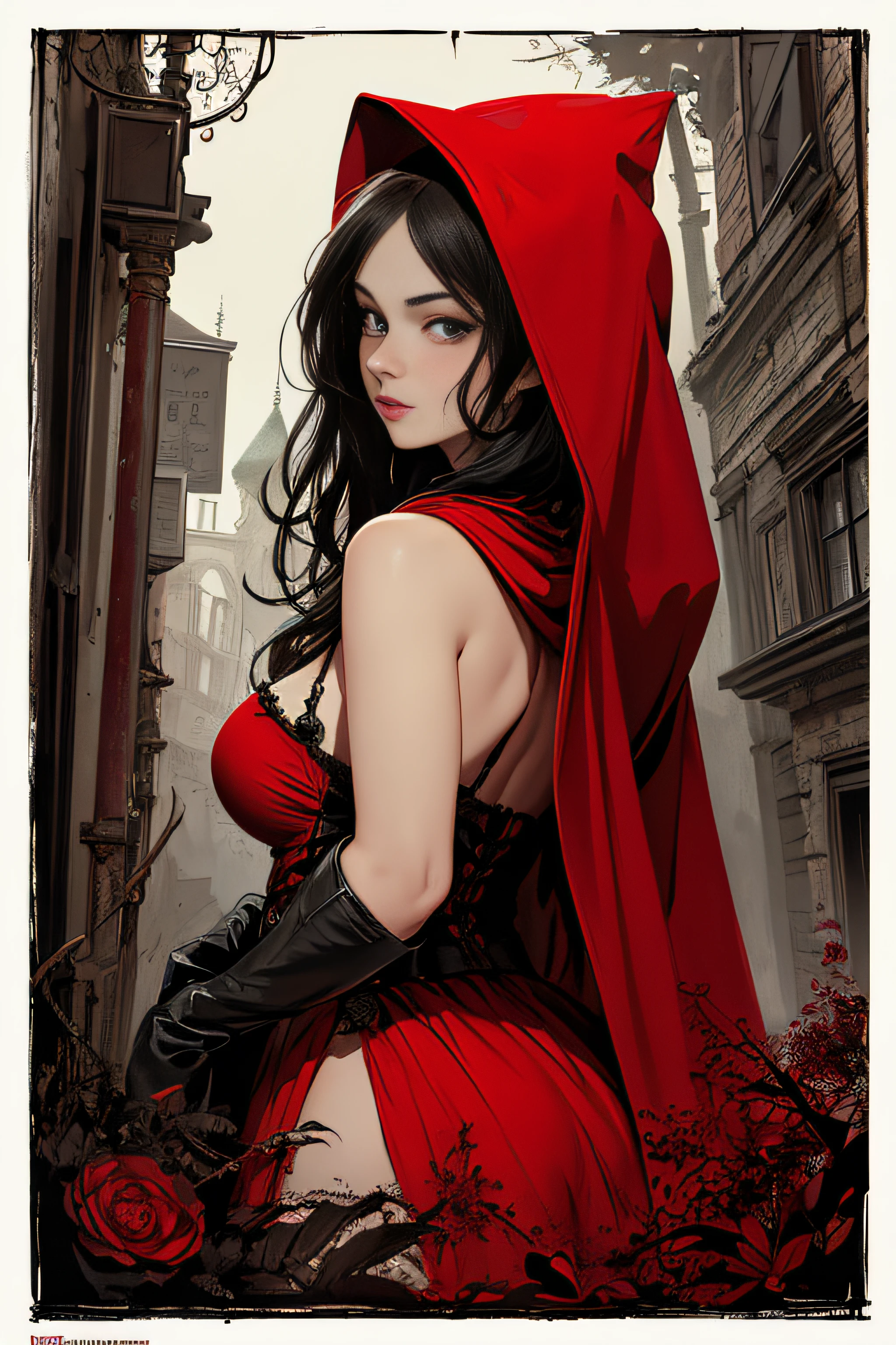 (Masterpiece, Best Quality), 8k Wallpaper, highly detailed, poster, Little Red Riding Hood, sexy, erotic, wolf, gothic, horror, Russia, horror thriller cinematic movie poster, German expressionism, shapes, lines, abstract, propaganda, gothic, movie poster, vintage, in the style of frank frazetta, low-angle shot.