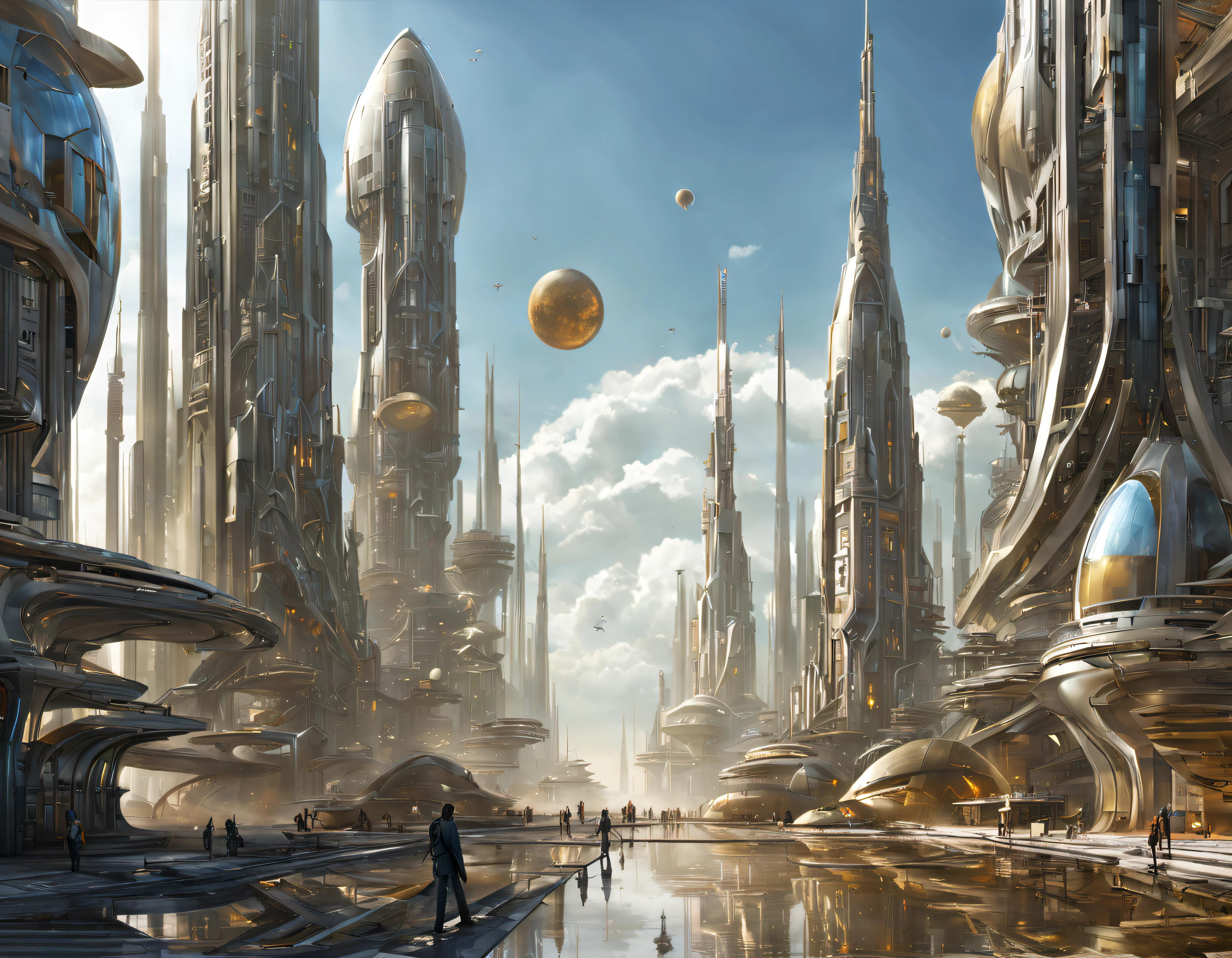 On an unknown planet there is a fantasy futuristic city with immense buildings of technological design que forman una infinita avenida, con estructuras acristaladas en plata, oro y bronce espectaculares. con colores vivos. pavimento ensolado sin brillo. gente paseando. similar a coruscant. imagen bien definida con muchos edificios juntos.