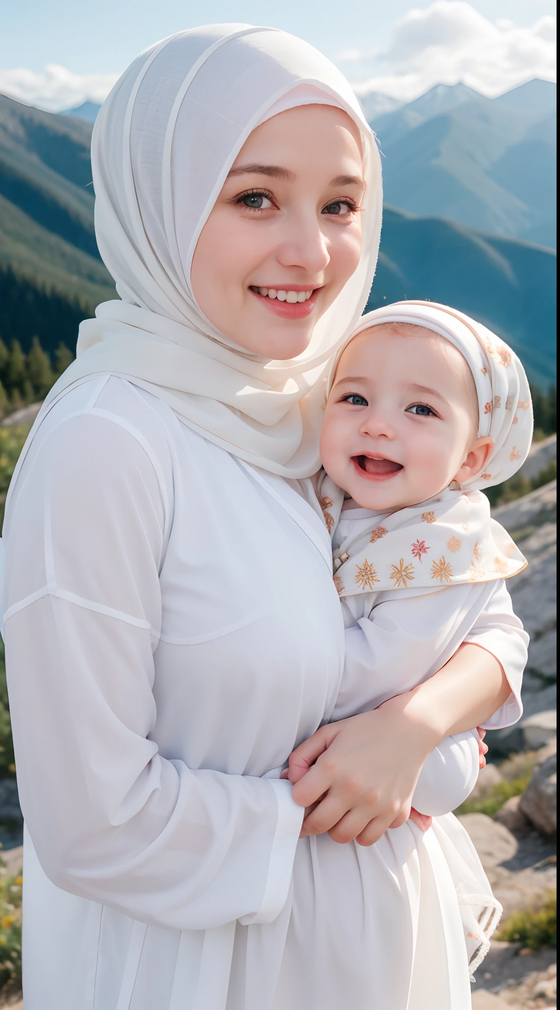 1 Girl, Beautiful, Russian  Face, 20 Years Old, White Skin, Hijab Muslim Outfit, Top of The Mountain Background, Smile, ((bokeh:1.3)), Carrying Babyl, Perfect Body Anatomy, ((adorable:1.1)), ((masterpiece:1.1)), HDR