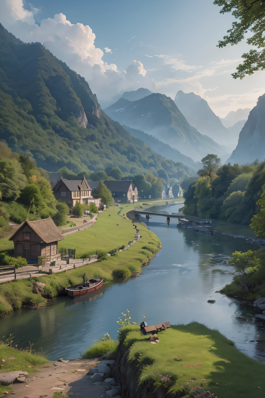 painting of a boat on a river with a village in the background, a matte painting by Arthur Pan, trending on cg society, fantasy art, beautiful art uhd 4 k, hd wallpaper, peaceful landscape, dream scenery art, beautiful oil matte painting, landscape wallpaper, scenery wallpaper, idyllic cottage, amazing wallpaper, beautiful wallpaper, 4k highly detailed digital art, nature wallpaper