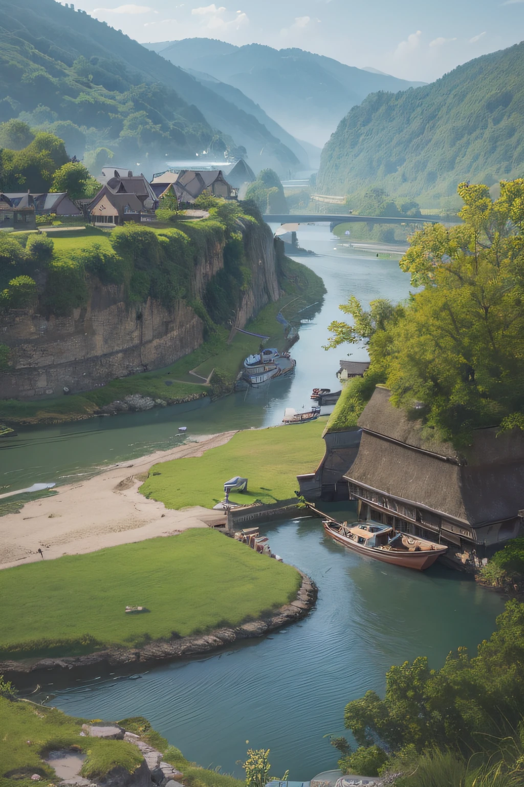 painting of a boat on a river with a village in the background, a matte painting by Arthur Pan, trending on cg society, fantasy art, beautiful art uhd 4 k, hd wallpaper, peaceful landscape, dream scenery art, beautiful oil matte painting, landscape wallpaper, scenery wallpaper, idyllic cottage, amazing wallpaper, beautiful wallpaper, 4k highly detailed digital art, nature wallpaper