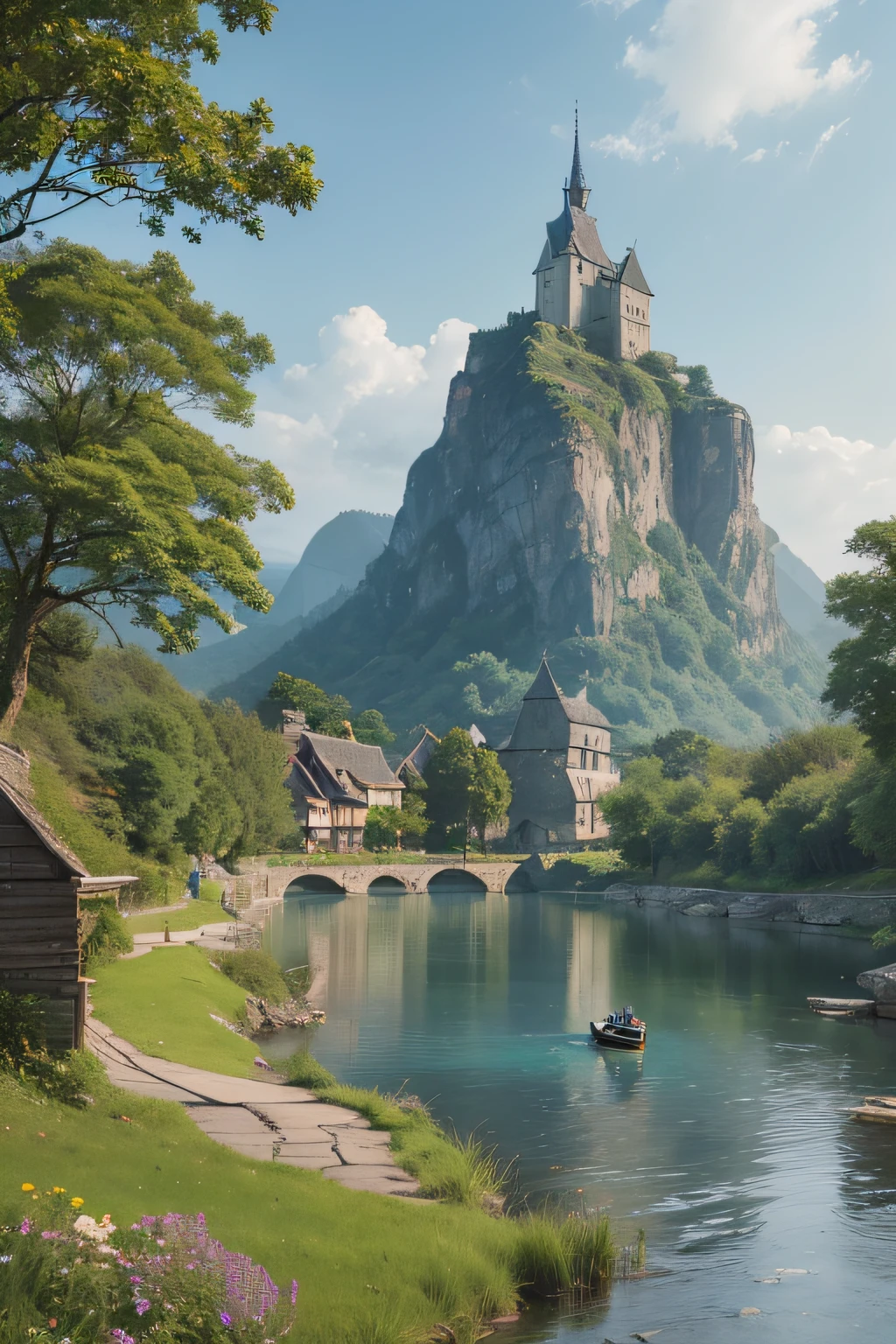 painting of a boat on a river with a village in the background, a matte painting by Arthur Pan, trending on cg society, fantasy art, beautiful art uhd 4 k, hd wallpaper, peaceful landscape, dream scenery art, beautiful oil matte painting, landscape wallpaper, scenery wallpaper, idyllic cottage, amazing wallpaper, beautiful wallpaper, 4k highly detailed digital art, nature wallpaper