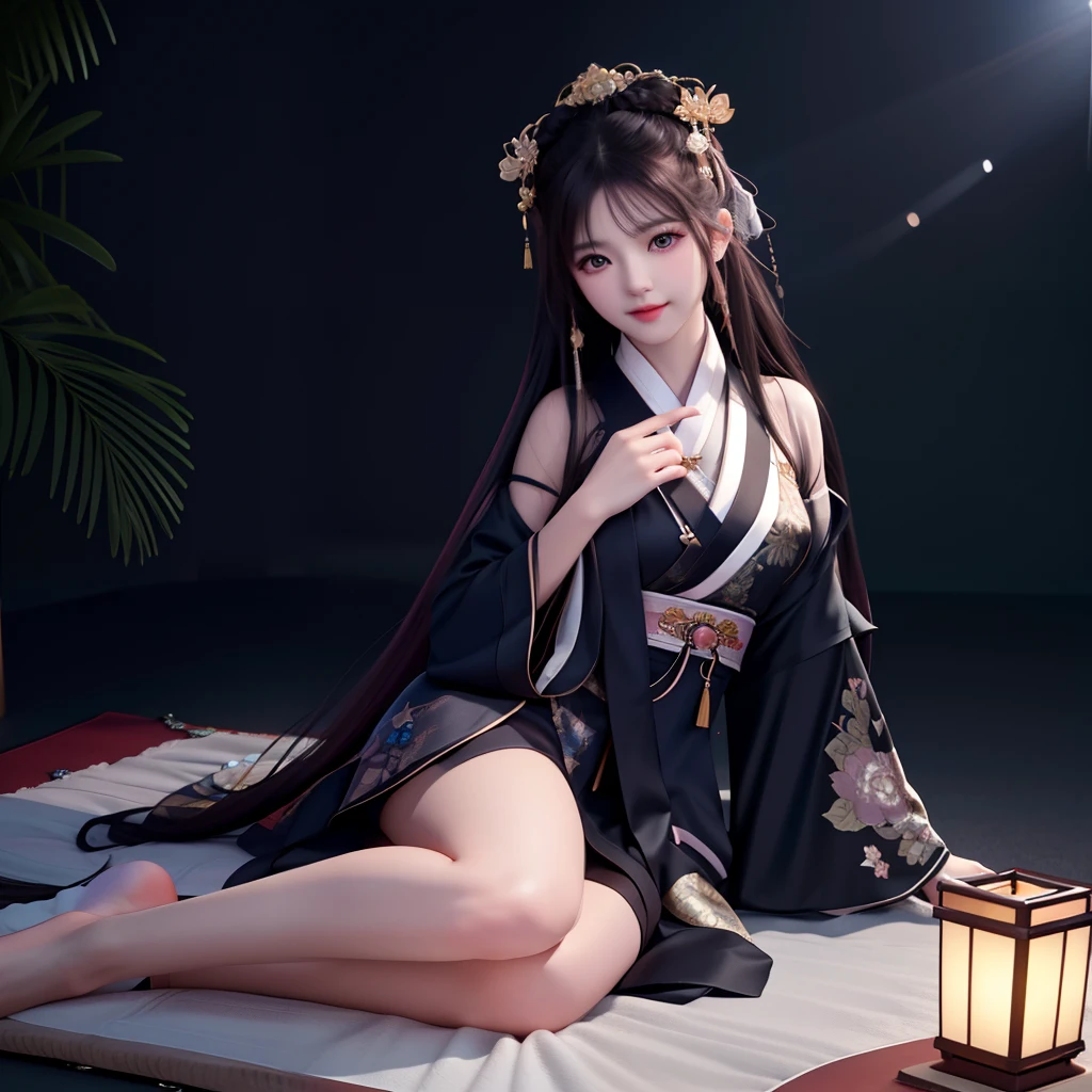 best quality, masterpiece, highres, 1girl,blush,(seductive smile:0.8),star-shaped pupils, china hanfu in dark black, Beautiful face, showing legs, hands hided, barefoot, chest is open, sitting, full body, tyndall effect,photorealistic, dark studio, rim lighting, two tone lighting,(high detailed skin:1.2), 8k uhd, dslr, soft lighting, high quality, volumetric lighting, candid, Photograph, high resolution, 4k, 8k, Bokeh