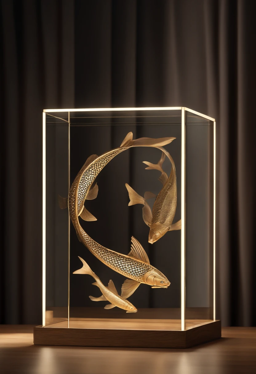 3D render of the Pisces zodiac sign inside a rectangular glass display case on polished oak floorboards. Inside the case, two intricately detailed fish swim in opposite directions, forming a circular motion. They are connected by a delicate piece of string that ties their tails together. The room remains dark, with the Asanoha pattern on the wall. Museum-style lighting from above shines on the Pisces figure, highlighting the shimmer of the fish scales and the gentle curve of the string. 'PISCES' is boldly inscribed on the front of the case.