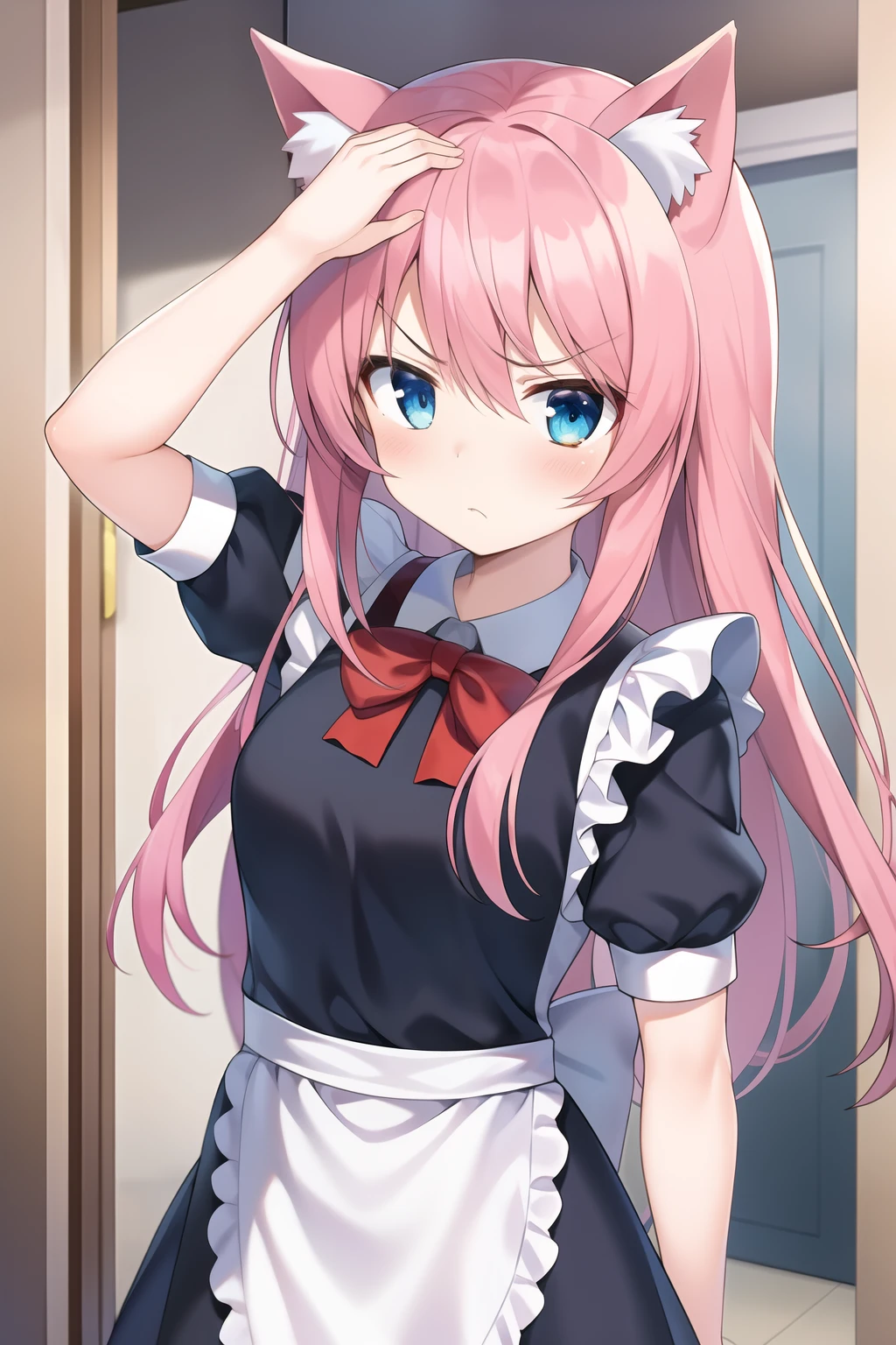 masterpiece, 1girl, animal ears, (hand on own head), pink hair, blue eyes, anger, blush, Maid clothes, in door