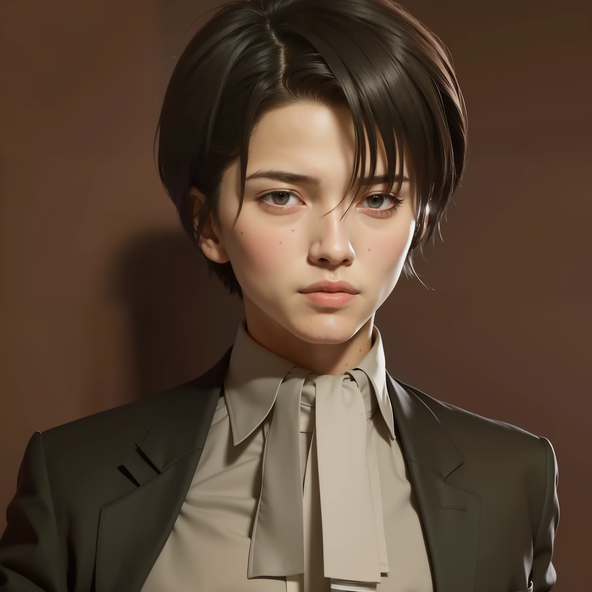 a boy in a suit and tie looking at the camera, levi ackerman, from attack on titan, shingeki no kyojin, High quality image, masterpiece, detailed hair texture, detailed skin texture, detailed cloth texture, 8k, add fabric details, ultra detailed skin texture, ultra detailed photo, skin pores, cloth details, high skin details, realistic hair details