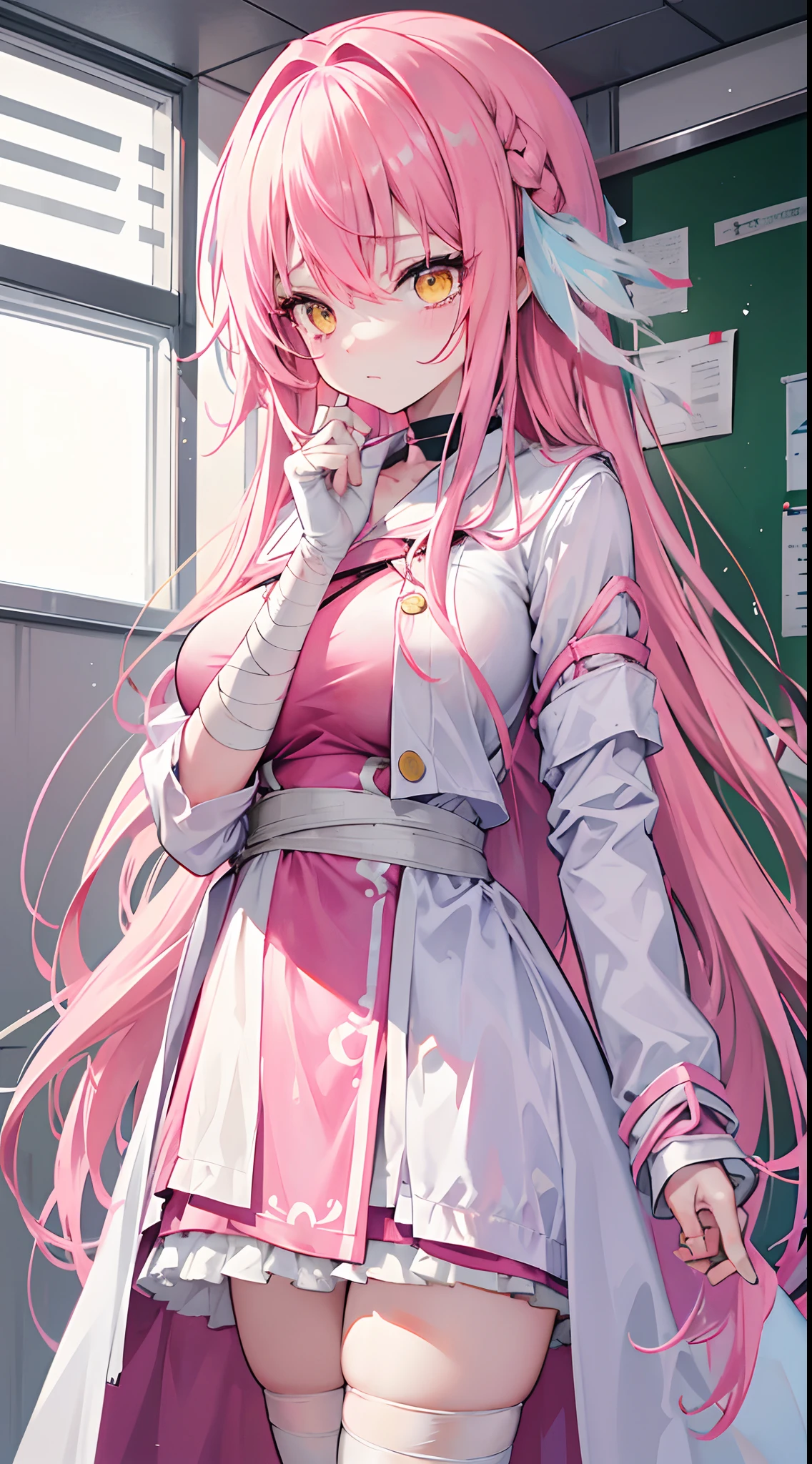 masterpiece, absurdres, highres, official art, 1girl, cowboy shot:1.24, halo, one eye closed, open mouth, angel, pink hair, mika_misono:1.24, very long hair, cute, kawaii, yellow eyes, wide-eyed, indoors, reflective floor, white thighhighs, <lora:mika_misono_new_0.9:0.7>