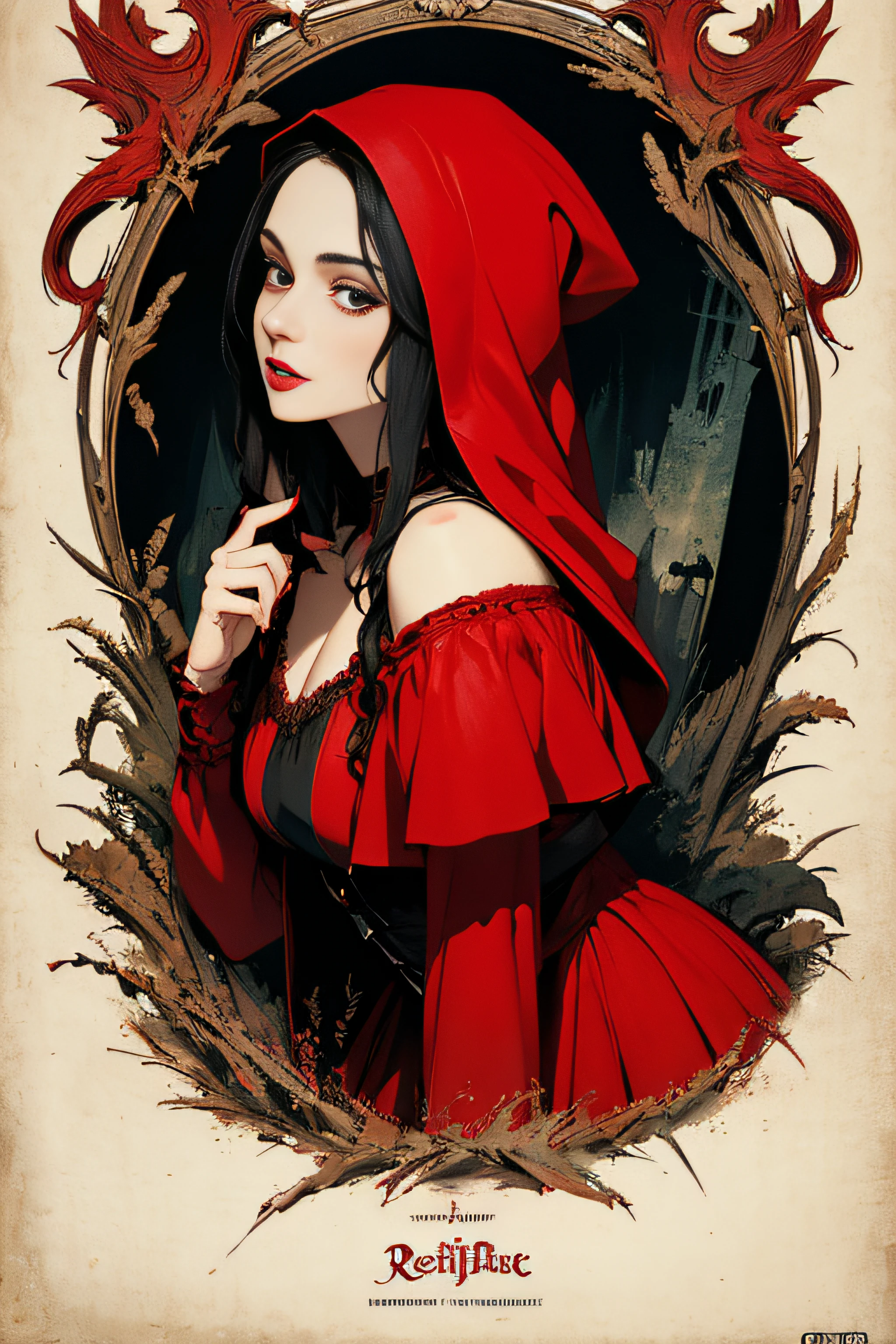 (Masterpiece, Best Quality), 8k Wallpaper, highly detailed, poster, Little Red Riding Hood, sexy, erotic, wolf, gothic, horror, Russia, horror thriller cinematic movie poster, German expressionism, shapes, lines, abstract, propaganda, gothic, movie poster, vintage, in the style of frank frazetta, low-angle shot.