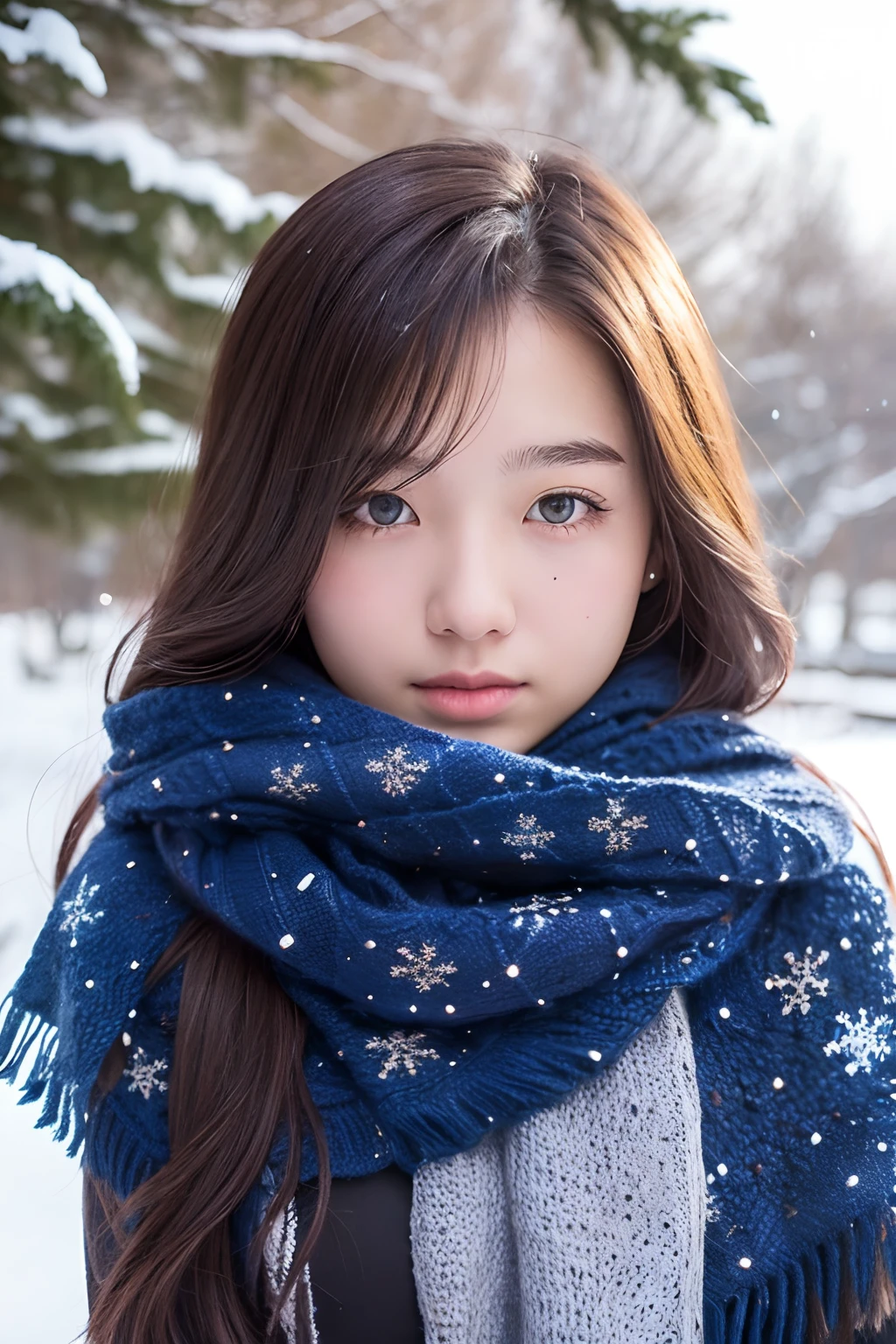 18-year-old girl, Shawl scarf, snowflakes falling, close up shot