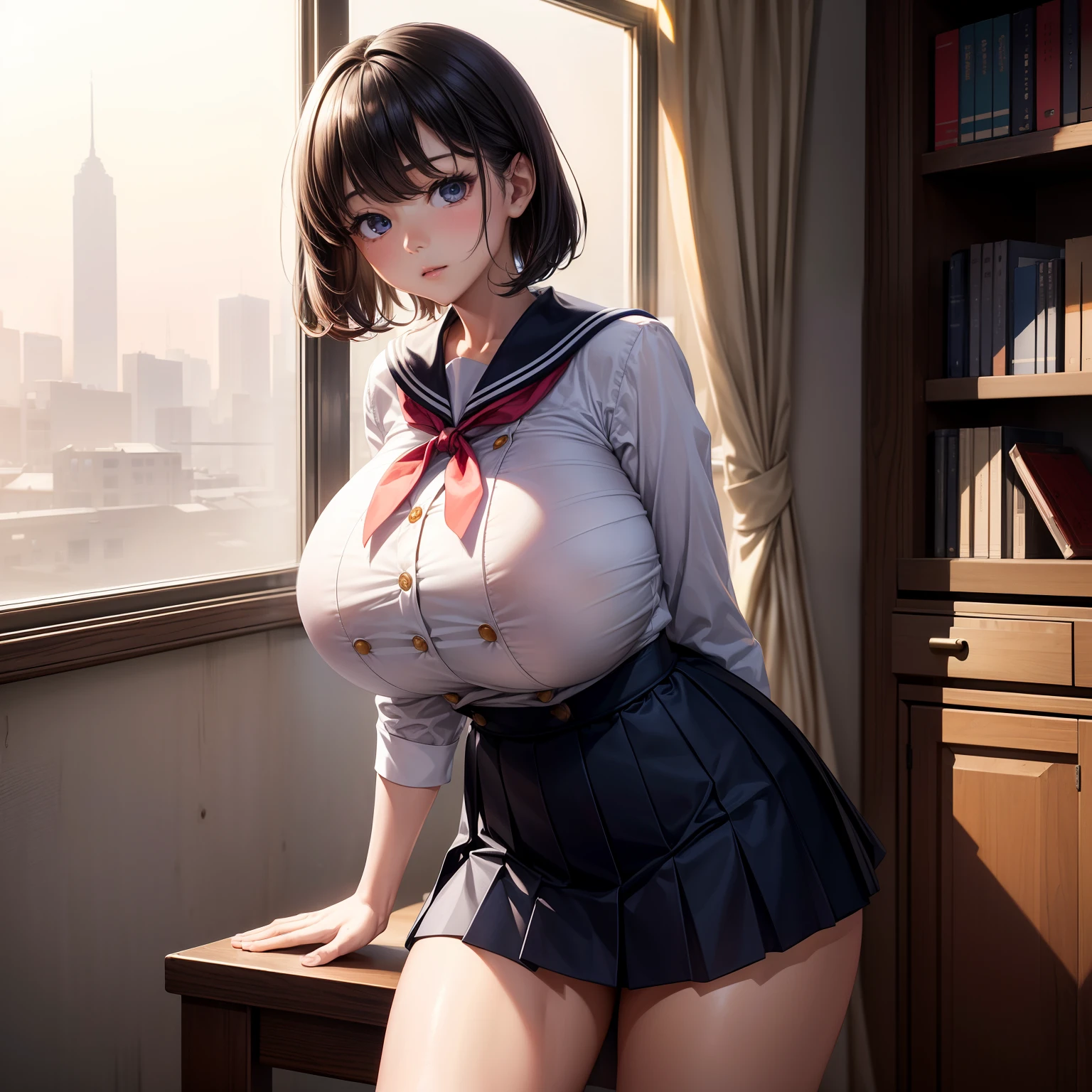 ​masterpiece、超A high resolution、(Photorealsitic:1.4)、Raw photo、独奏、hi-school girl、nffsw、Pupils、a sailor suit、校服、skirt by the、A dark-haired、short-hair、glowy skin、Dramatic Writing、full body Esbian、huge-breasted、(top-quality, ​masterpiece:1.2), (huge-breasted:1.6), Long breasts, (hanging breasted: 1.6), (absurderes:1.2), (真实感:1.2)、skinny thigh、long legged、beautidful eyes、Powerful eyes、Modern School、inside in room、the setting sun、evening、early evening