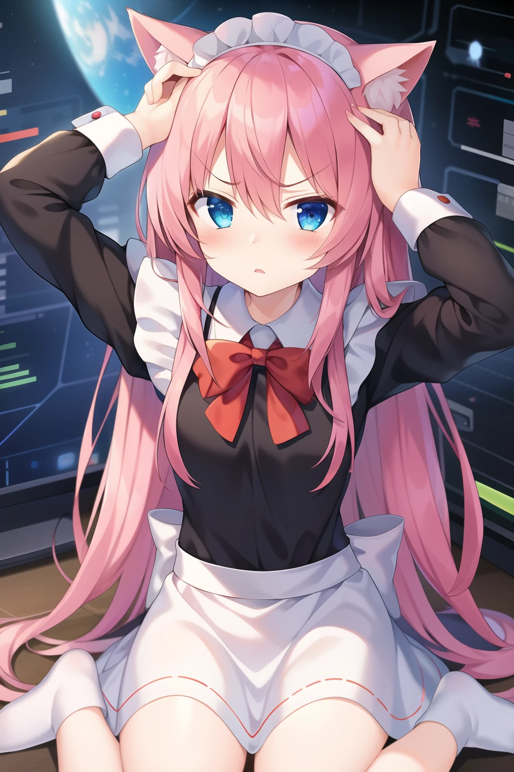 masterpiece, 1girl, animal ears, (hand on own head), pink hair, blue eyes, anger, blush, Maid clothes, wariza, Cyber space