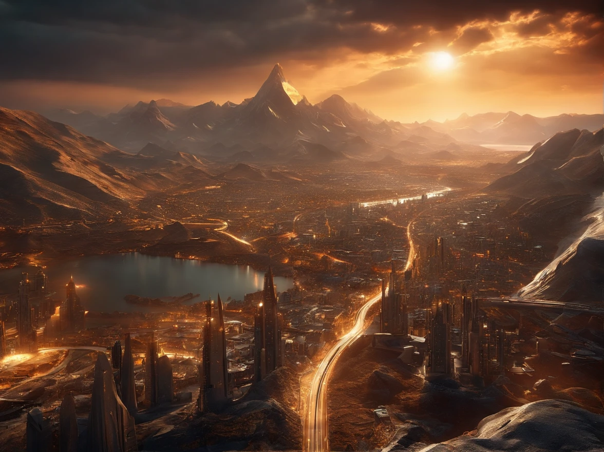 шедевр, beste-Qualit, highly quality, extremely detailed CG 8k wallpaper unit, paysage, Science-fiction, Haute technologie, City of gold and silver metal, trs dense, Steep-sided valley