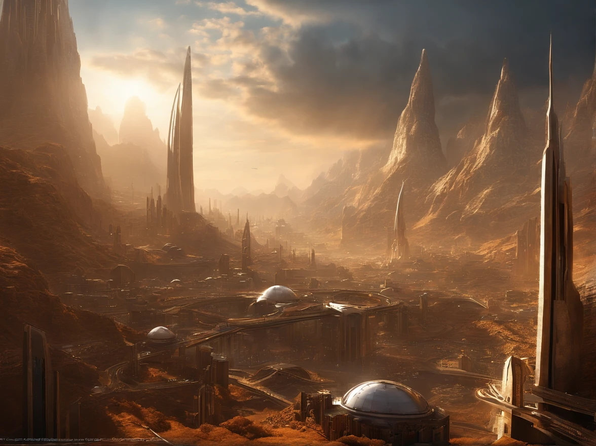 шедевр, beste-Qualit, highly quality, extremely detailed CG 8k wallpaper unit, paysage, Science-fiction, Haute technologie, City of gold and silver metal, trs dense, Steep-sided valley