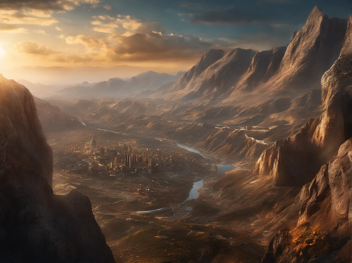 шедевр, beste-Qualit, highly quality, extremely detailed CG 8k wallpaper unit, paysage, Science-fiction, Haute technologie, City of gold and silver metal, trs dense, Steep-sided valley