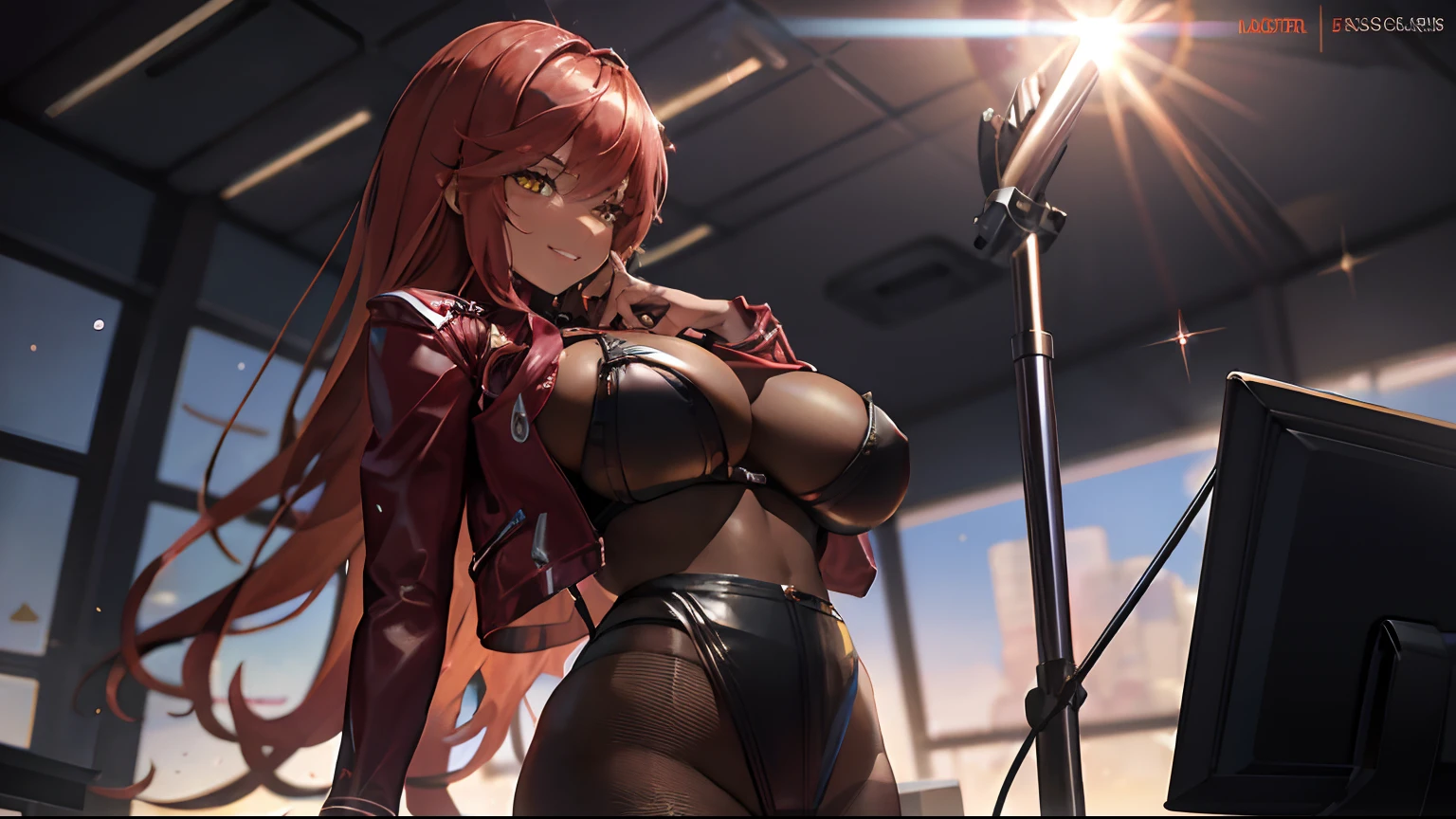 Masterpiece, Best Quality, Detailed, sparkly skin, toned, Volume, 1girl, smirk, red jacket, suntan, Yellow eyes, large breasts, thick-thighs, Narrow waist, leather bra, leather panties, bodystocking, mesh bodystock, Bodychud, Studio, Backlighting, edge lighting, medium plan, Eye Level