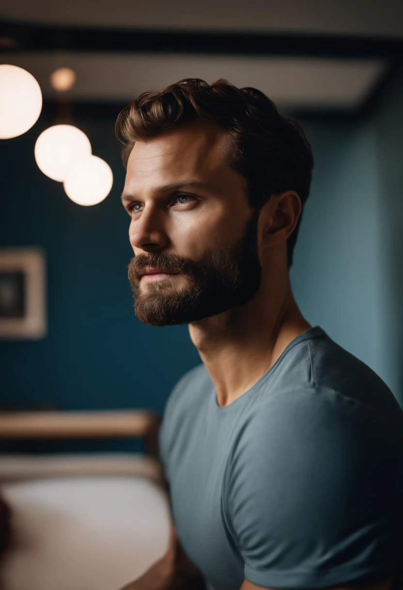 (Man wearing white t-shirt), ), (Wearing full beard,) Attractive and serious look, dark brown hair, Stylish and elegant, and strong body t-shirt, Man similar to actor Jamie Dornan, (High quality and realistic image), in the background Scandinavian apartment with desingner furniture and with blue wall color in the background, ((best quality, 8K, masterpiece).