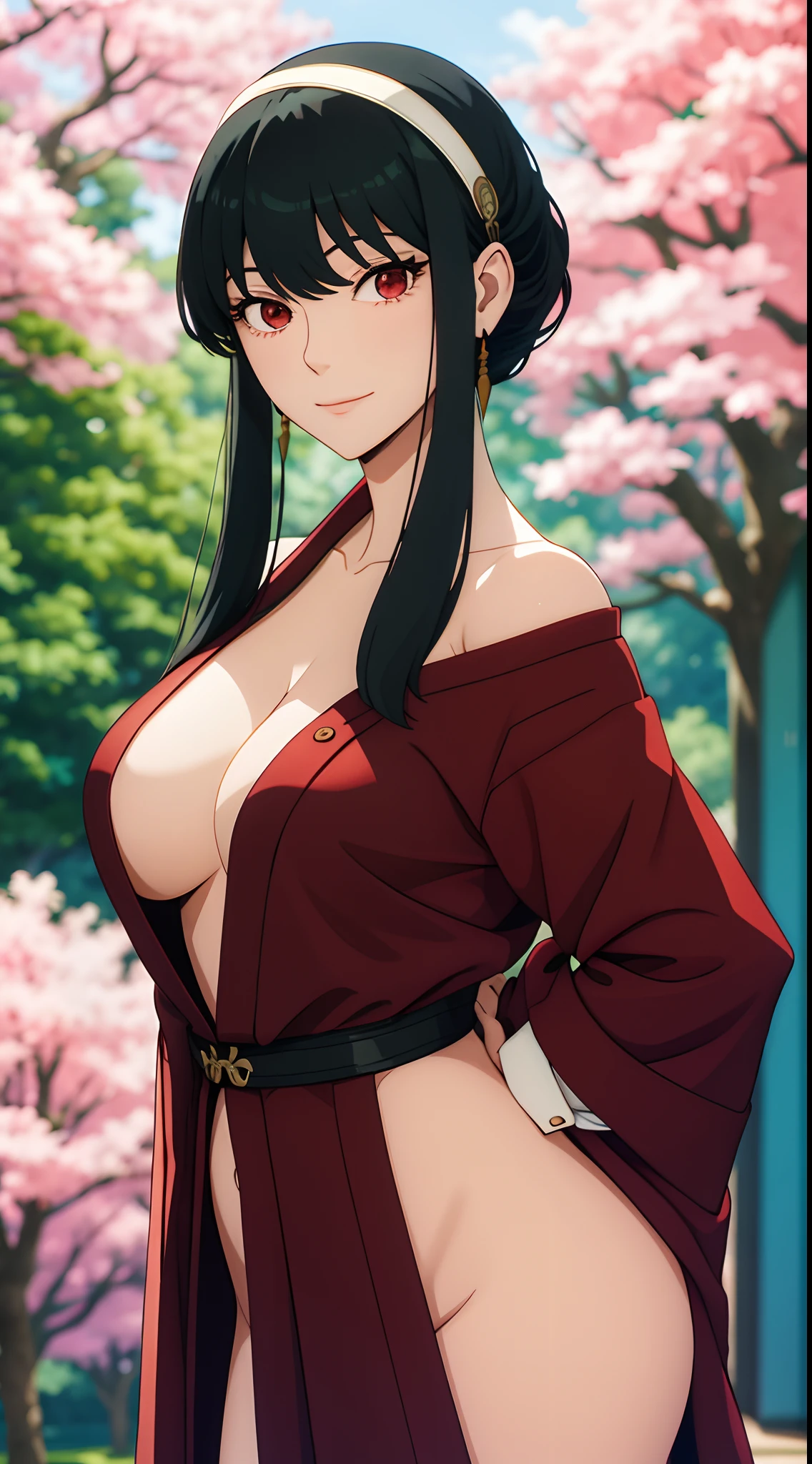 yor, Mature female,  bangs, side locks, Red eyes, Black hair, hair adornments, Huge breasts，sportrait, (face:1.2), ******girls, ssmile,bare shoulders​, Black hair, cherry blossom, cleavage, (Robe:1.21), 鎖骨, Willow Branch, (masterpiece best quality :1.2),