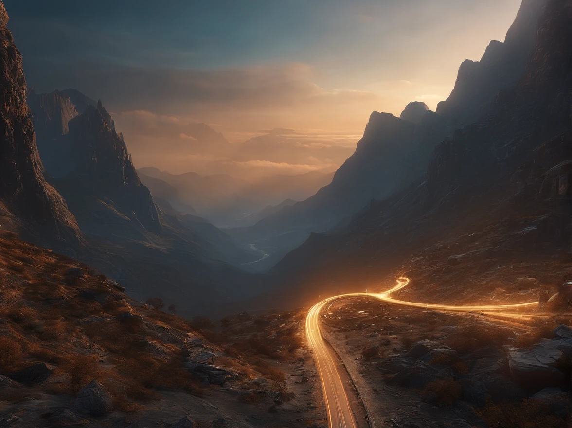 A view of a winding road in the mountains at sunset - SeaArt AI