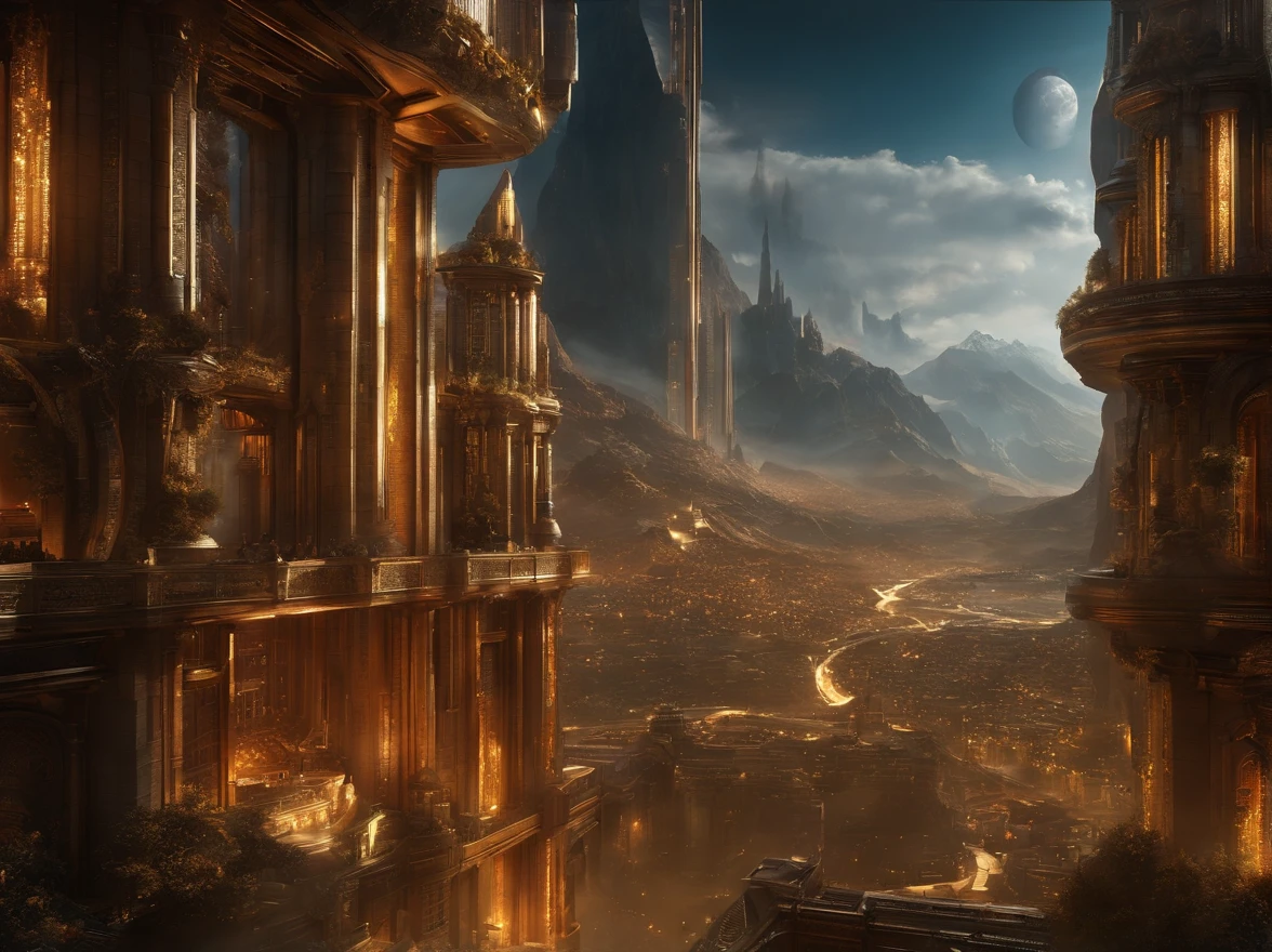 шедевр, beste-Qualit, highly quality, extremely detailed CG 8k wallpaper unit, paysage, Science-fiction, Haute technologie, City of Gold and Silver, very dense, Steep-sided valley