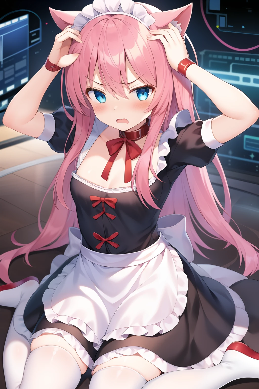 masterpiece, 1girl, animal ears, (hand on own head), pink hair, blue eyes, anger, blush, Maid clothes, wariza, Cyber space