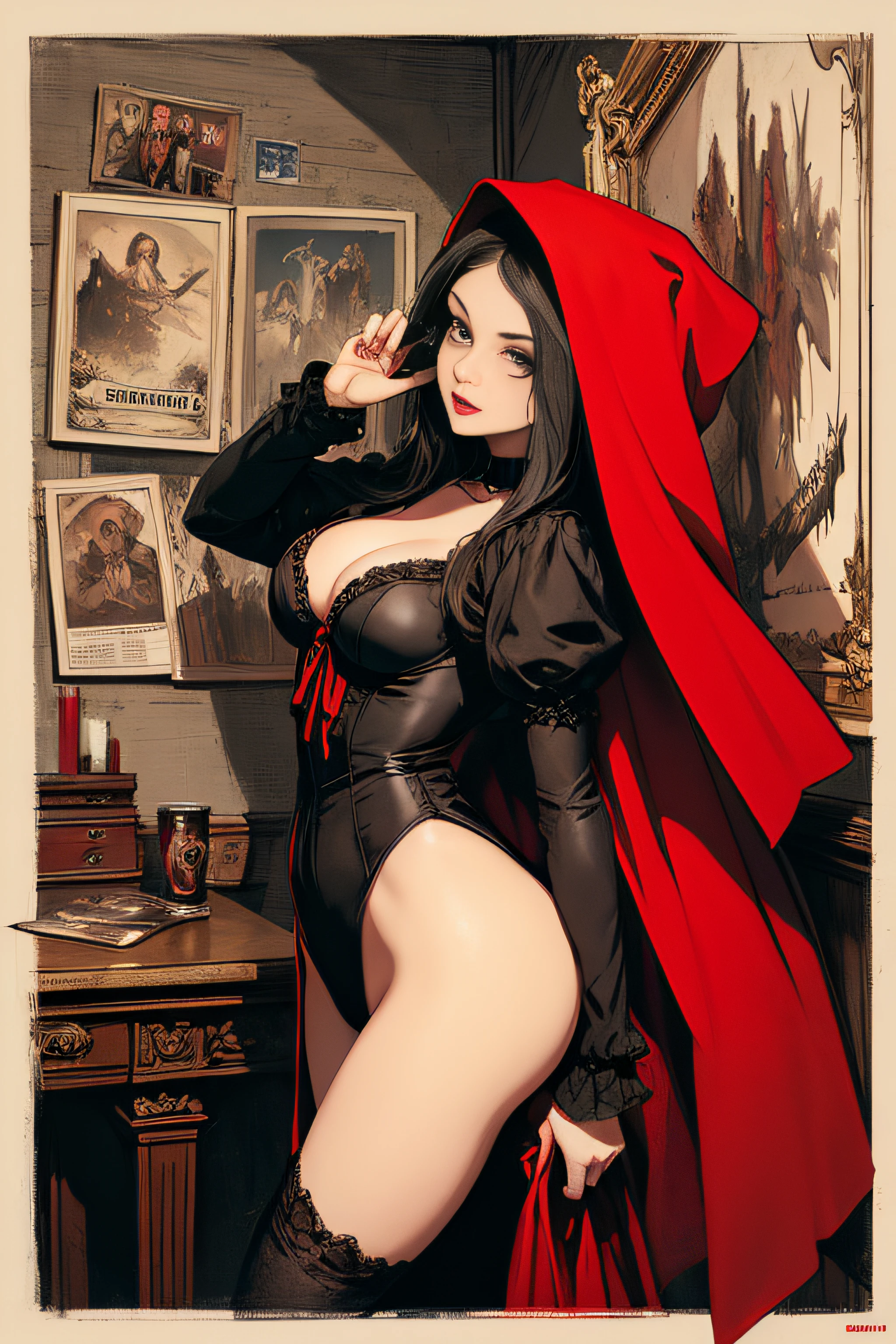 (Masterpiece, Best Quality), 8k Wallpaper, highly detailed, poster, Little Red Riding Hood, sexy, erotic, wolf, gothic, horror, Russia, horror thriller cinematic movie poster, German expressionism, shapes, lines, abstract, propaganda, gothic, movie poster, vintage, in the style of frank frazetta, low-angle shot.