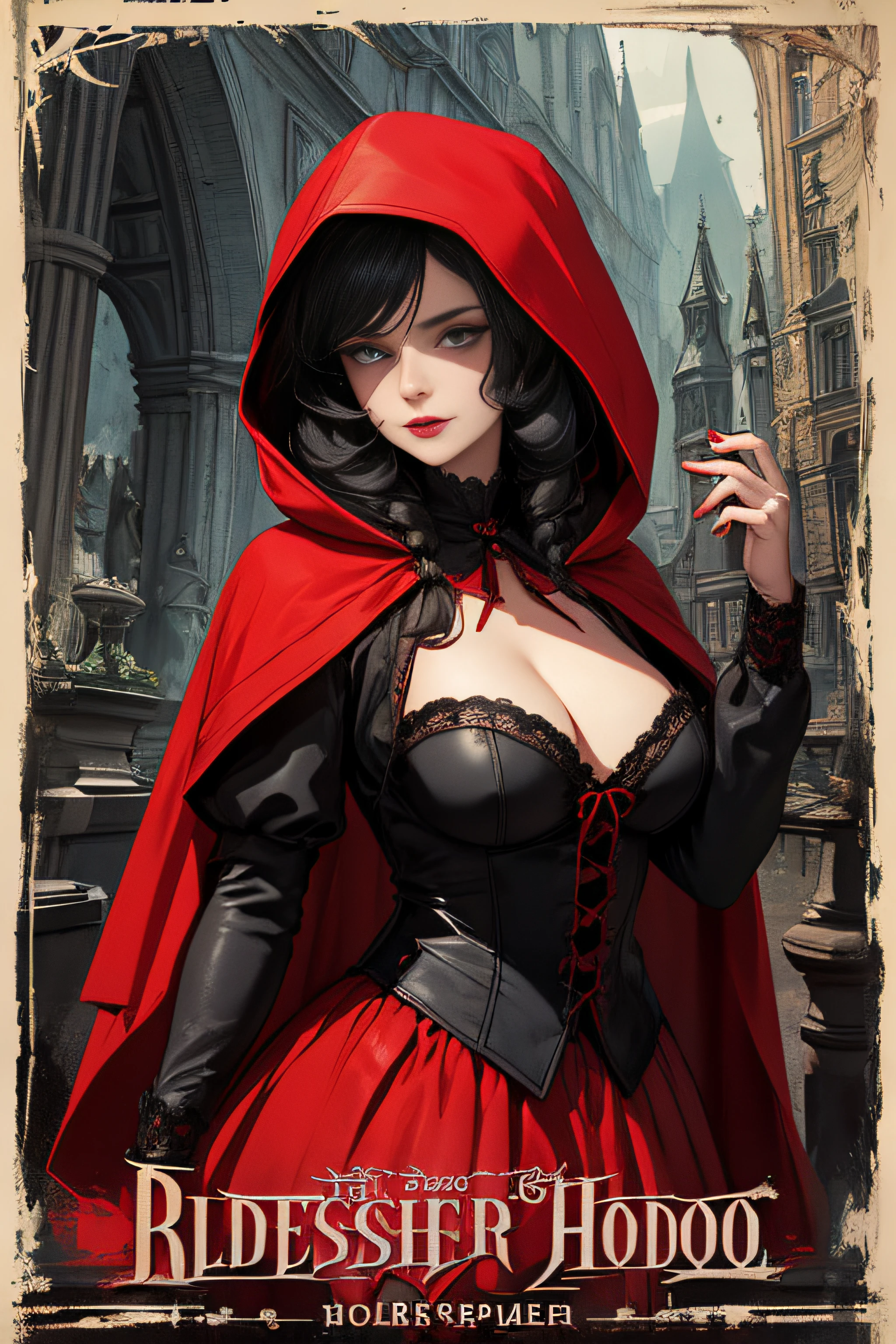 (Masterpiece, Best Quality), 8k Wallpaper, highly detailed, poster, Little Red Riding Hood, sexy, erotic, wolf, gothic, horror, Russia, horror thriller cinematic movie poster, German expressionism, shapes, lines, abstract, propaganda, gothic, movie poster, vintage, in the style of frank frazetta, low-angle shot.