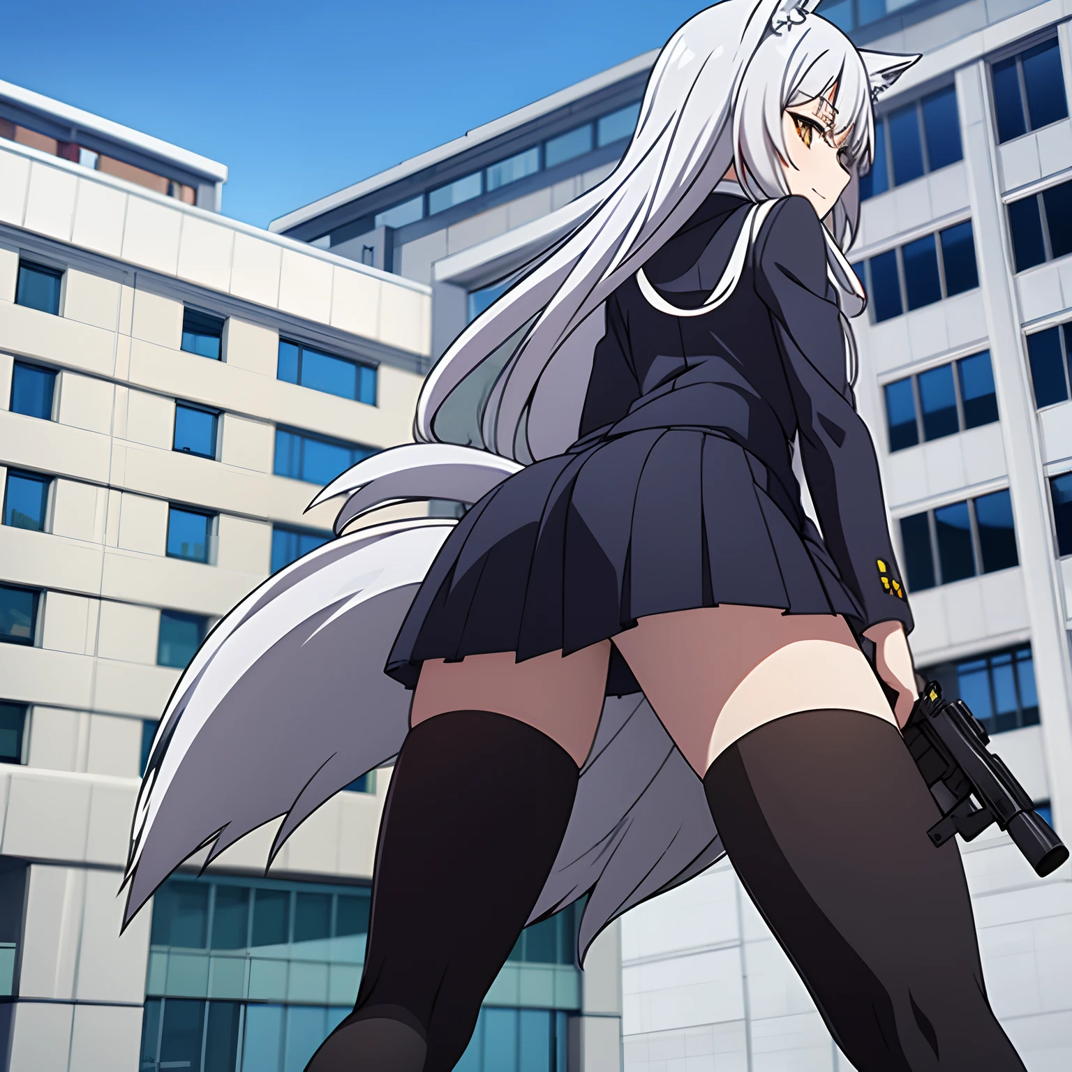 A wolf girl standing in front a school while use a gun
