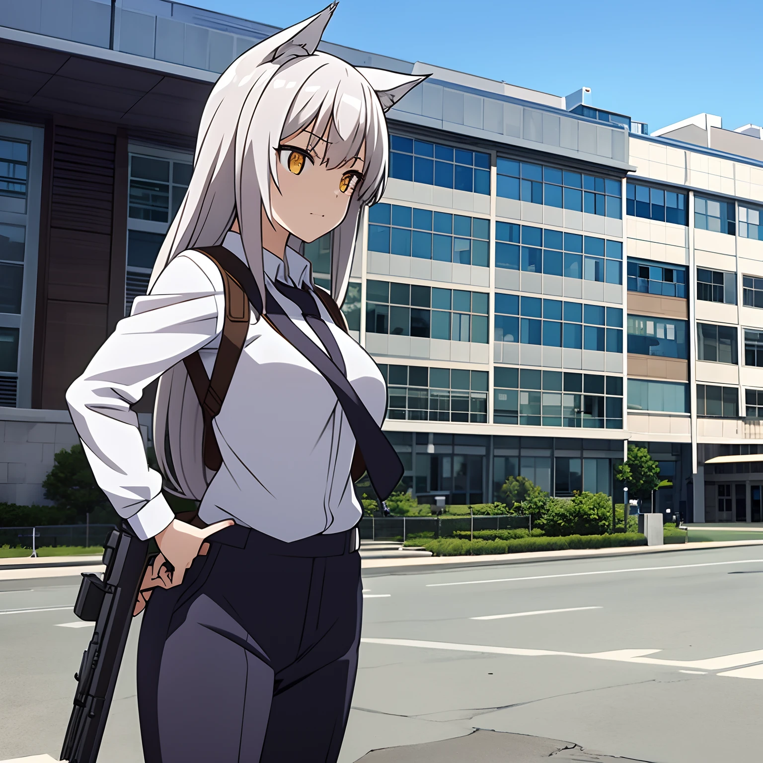 A wolf girl standing in front a school while use a gun