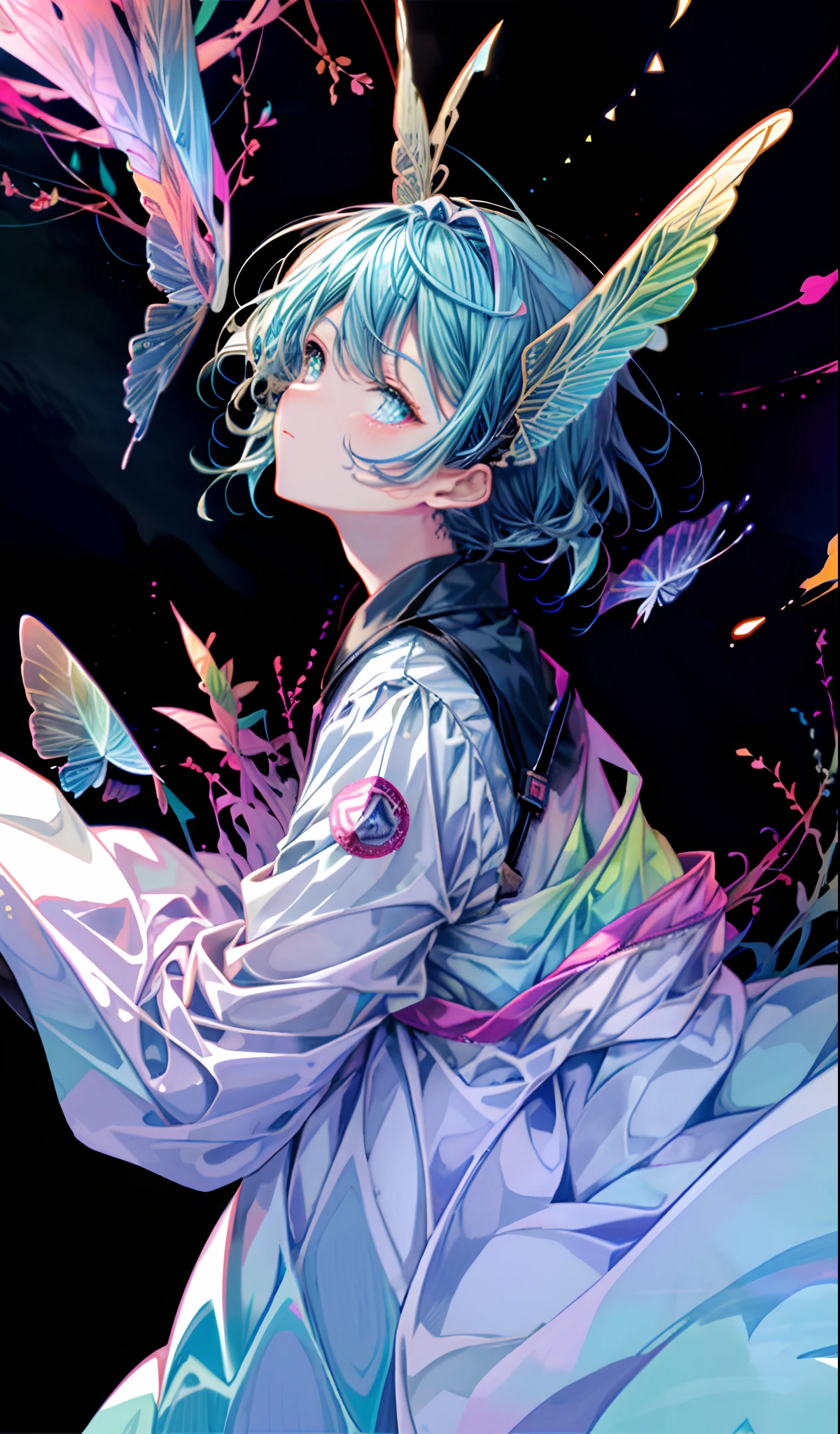 Cute iridescent round monster in space、Iridescent grass々Drawing a butterfly flying over the water, Looking up at the starry sky. Surround her with colorful nebulae and colorful forests.