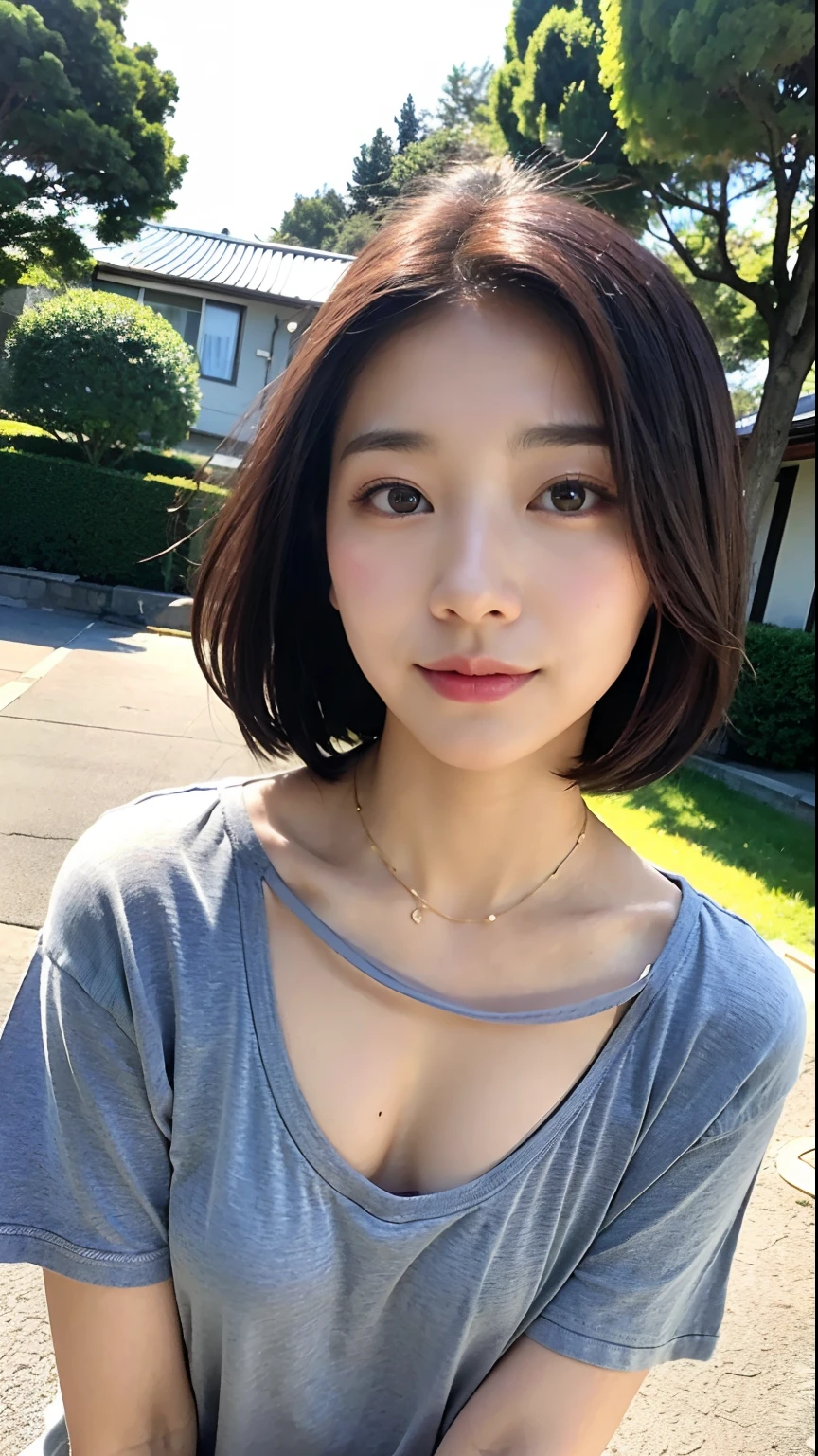 (top-quality、8k、32k、masterpiece、UHD:1.2)、Photos of pretty Japan women、Black short hair、beauitful face、(Slouched:1.3)、(From above:1.2)、(a closeup:1.4)、pov、、、Look at another person、a smile、(Loose-fitting t-shirt)、(T-shirt with wide open chest:1.2)、huge tit:1.2、(Chest chiller)、outside of house、windy、shinny skin、blurry backround