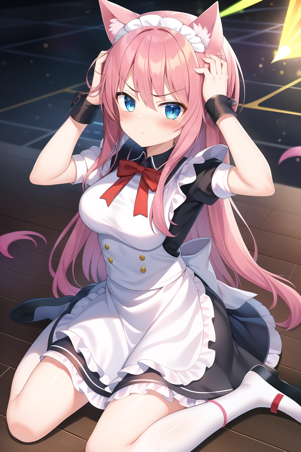 masterpiece, 1girl, animal ears, (hand on own head), pink hair, blue eyes, anger, blush, Maid clothes, wariza, Cyber space, black floor