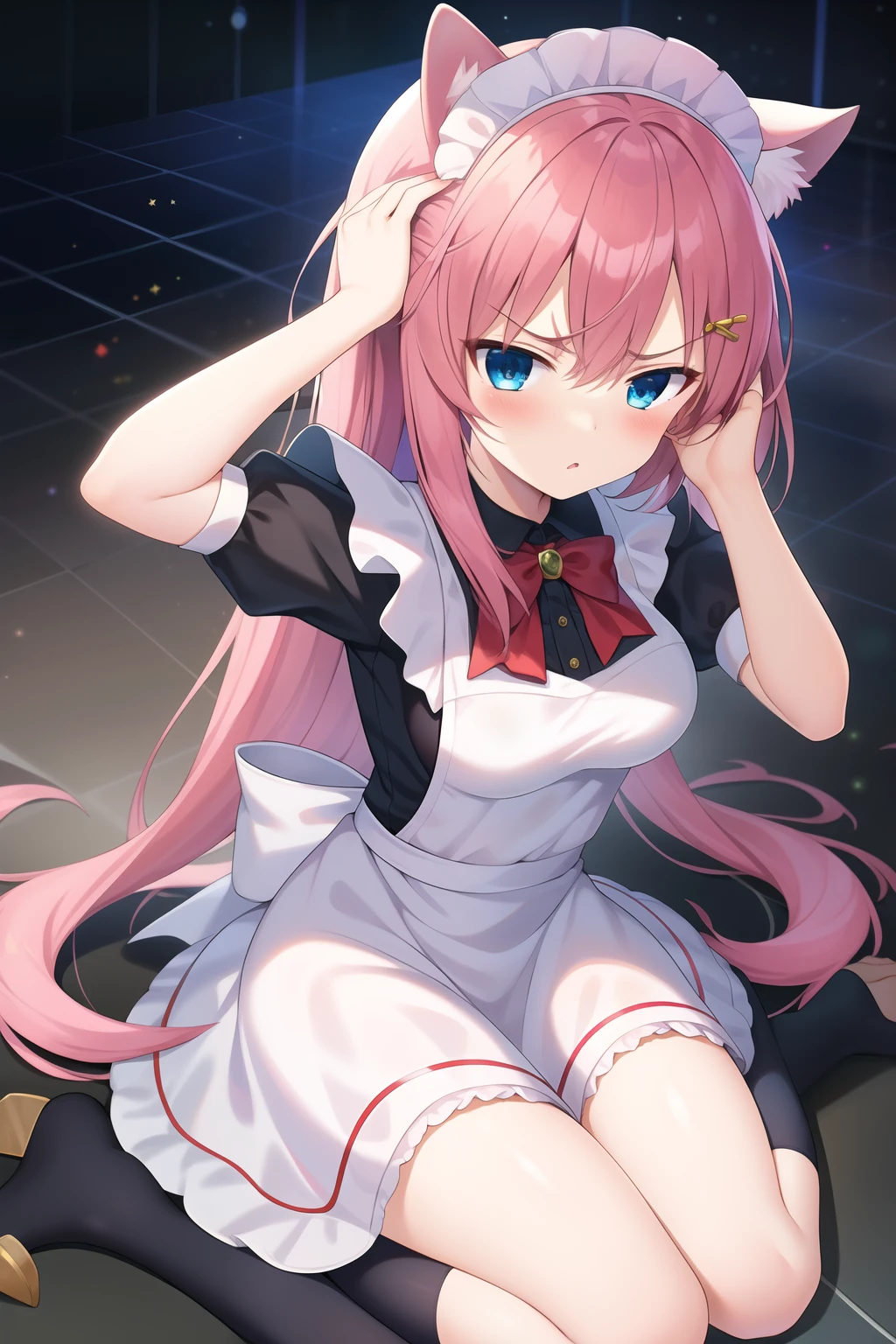 masterpiece, 1girl, animal ears, (hand on own head), pink hair, blue eyes, anger, blush, Maid clothes, wariza, Cyber space, black floor