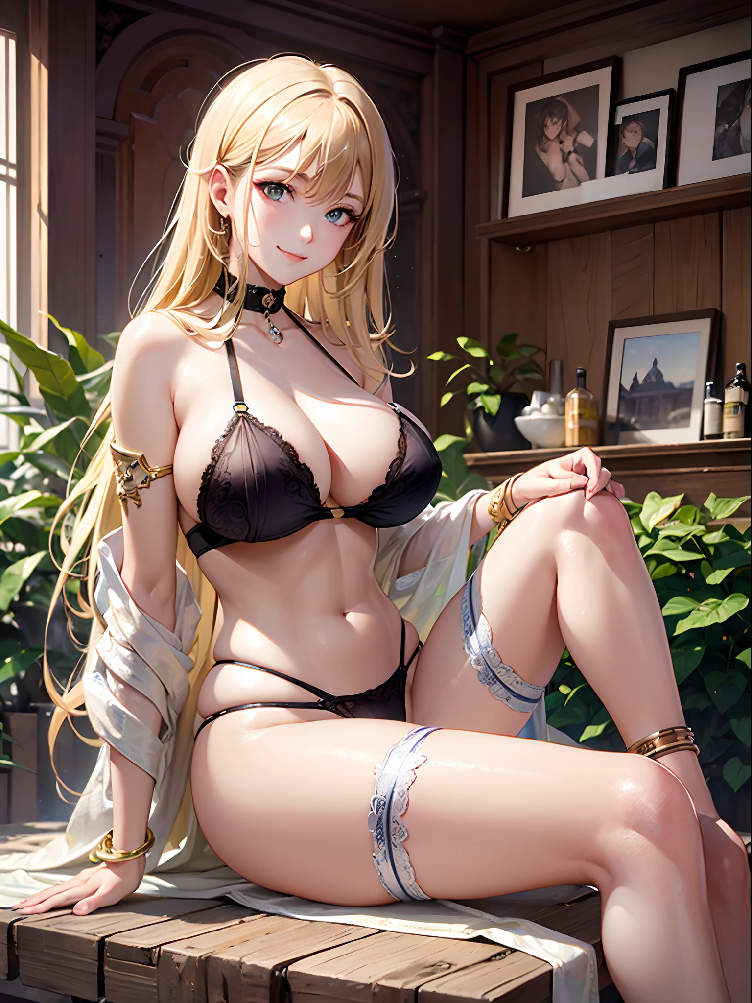 ((Finest quality)),(超A high resolution),(ultra-detailliert),(Meticulous portrayal),((Best CG)),(Finest works of art),Ultra-Precision Art,The art of astounding depiction, (1 Gravure model:1.5),Glamorous Body,huge tit:1.5,fine-grained skin,toned belly,shiny long blonde hair:1.5,a smile, Bar sandals:1.4 Sitting:1.5