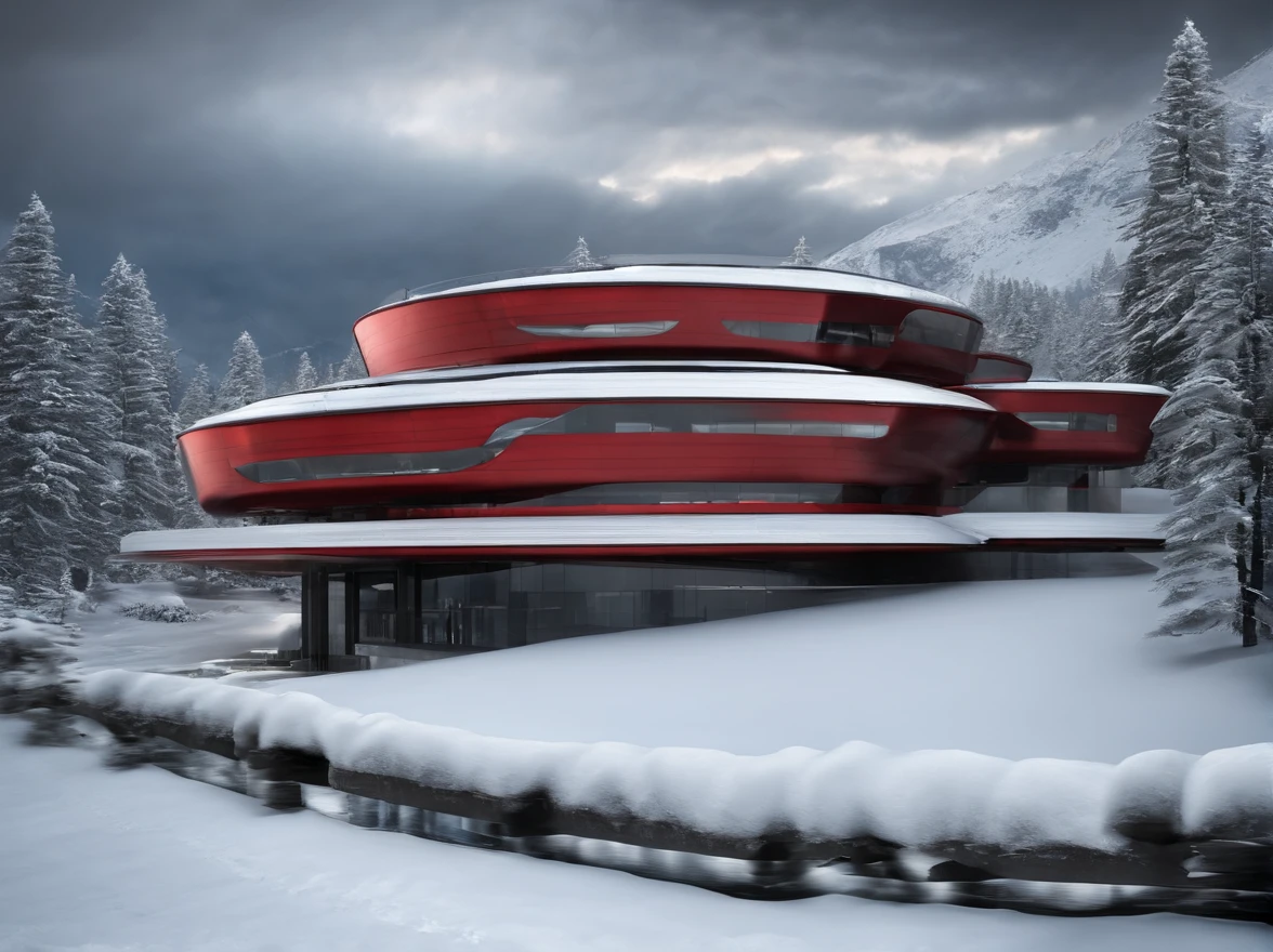 шедевр, beste-Qualit, highly quality, extremely detailed CG 8k wallpaper unit, paysage, Science-fiction, Haute technologie, very dense, batiment structure complexe, Striped red and black steel walls, en haut d'une montagne, hiver