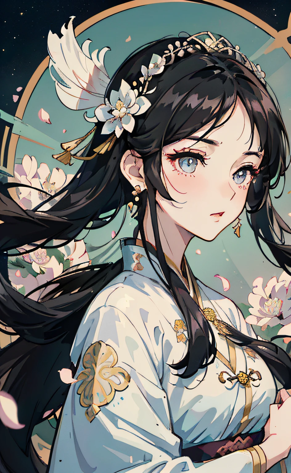 Mature girl , black hair, floating hair, delicate and smart eyes, starry pupils, intricate damask hanfu, gorgeous accessories, wearing pearl earrings, FOV, f1.8, masterpiece, complex scene, flower petals flying, front portrait shot, Chang'e