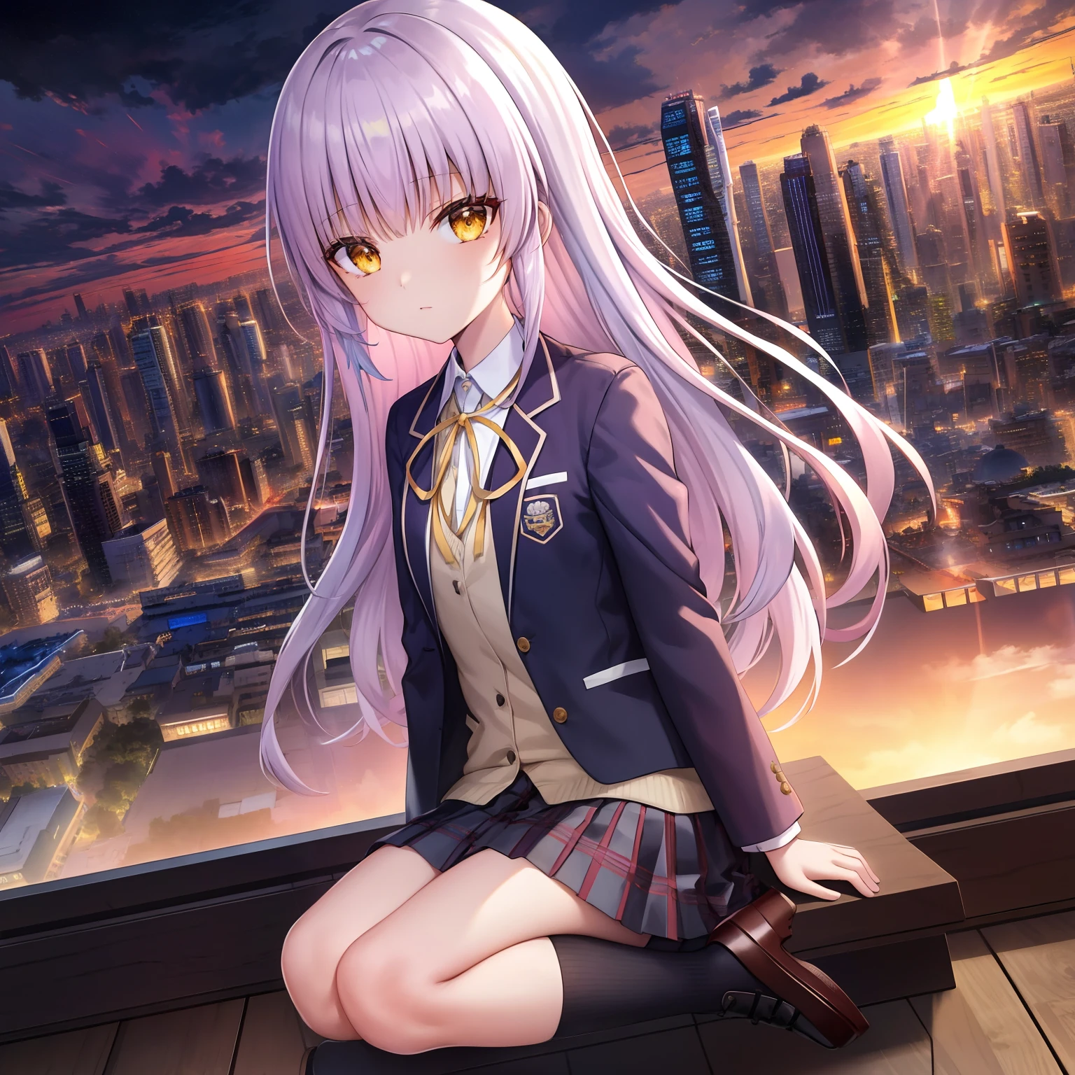 ,masutepiece, Perfect face,(dense lines:1.0), (Ultra-detailed:1.2), (Oil Painting:0.9), (the Extremely Detailed CG Unity 8K Wallpapers:1.2),
Looking at Viewer,(((City of Sunsets))),(((Sunset))),
1girl in,Solo,Long hair,School uniform,Jacket,Yellow eyes,Blazer,Skirt,White socks,shoes,Canadest Girl,Angel Beats!,Light purple hair,