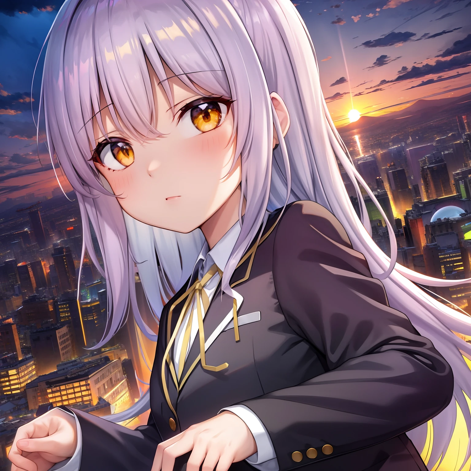 ,masutepiece, Perfect face,(dense lines:1.0), (Ultra-detailed:1.2), (Oil Painting:0.9), (the Extremely Detailed CG Unity 8K Wallpapers:1.2),
Looking at Viewer,(((City of Sunsets))),(((Sunset))),
1girl in,Solo,Long hair,School uniform,Jacket,Yellow eyes,Blazer,Skirt,White socks,shoes,Canadest Girl,Angel Beats!,Light purple hair,