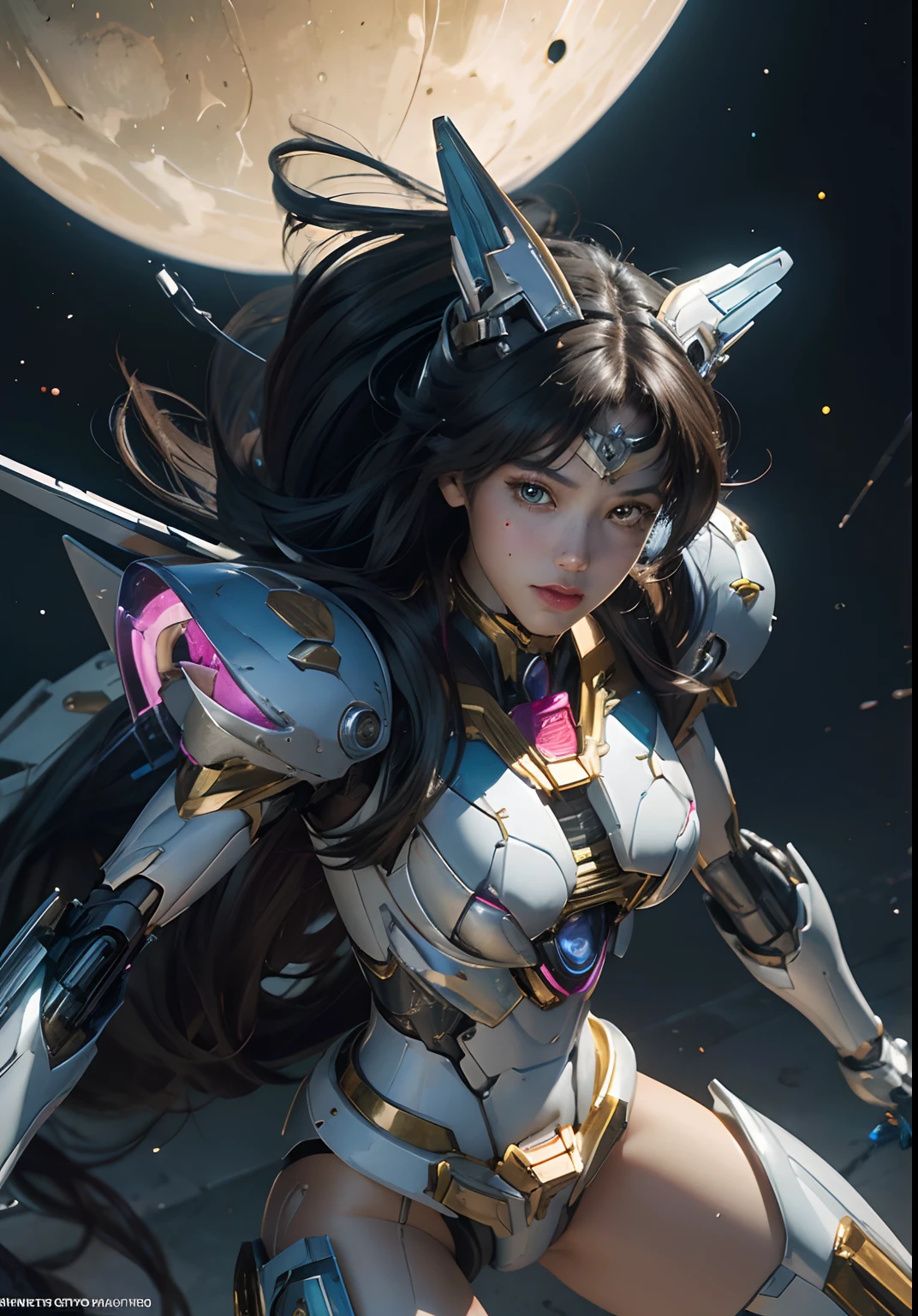 Textured skin, Super Detail, high details, High quality, Best Quality, hight resolution, 1080p, hard disk, Beautiful,(Gundam),(sailormoon),beautiful cyborg woman,Mecha Cyborg Girl,Battle Mode,Girl with a Mecha Body,She wears a futuristic Gundam mecha,Fulll body Shot