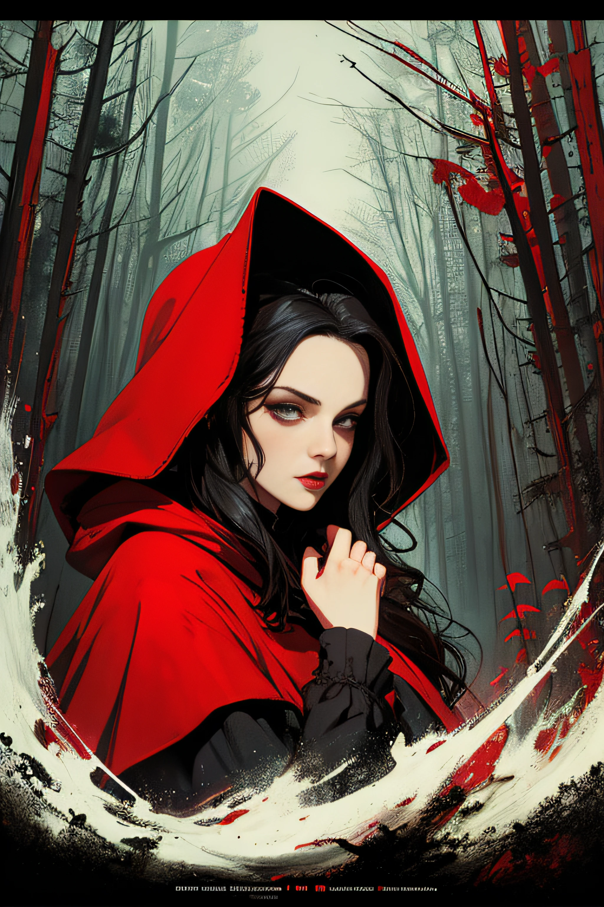 (Masterpiece, Best Quality), 8k Wallpaper, highly detailed, poster, Little Red Riding Hood, sexy, erotic, wolf, gothic, horror, Russia, horror thriller cinematic movie poster, German expressionism, shapes, lines, abstract, propaganda, gothic, movie poster, vintage, in the style of frank frazetta, low-angle shot.