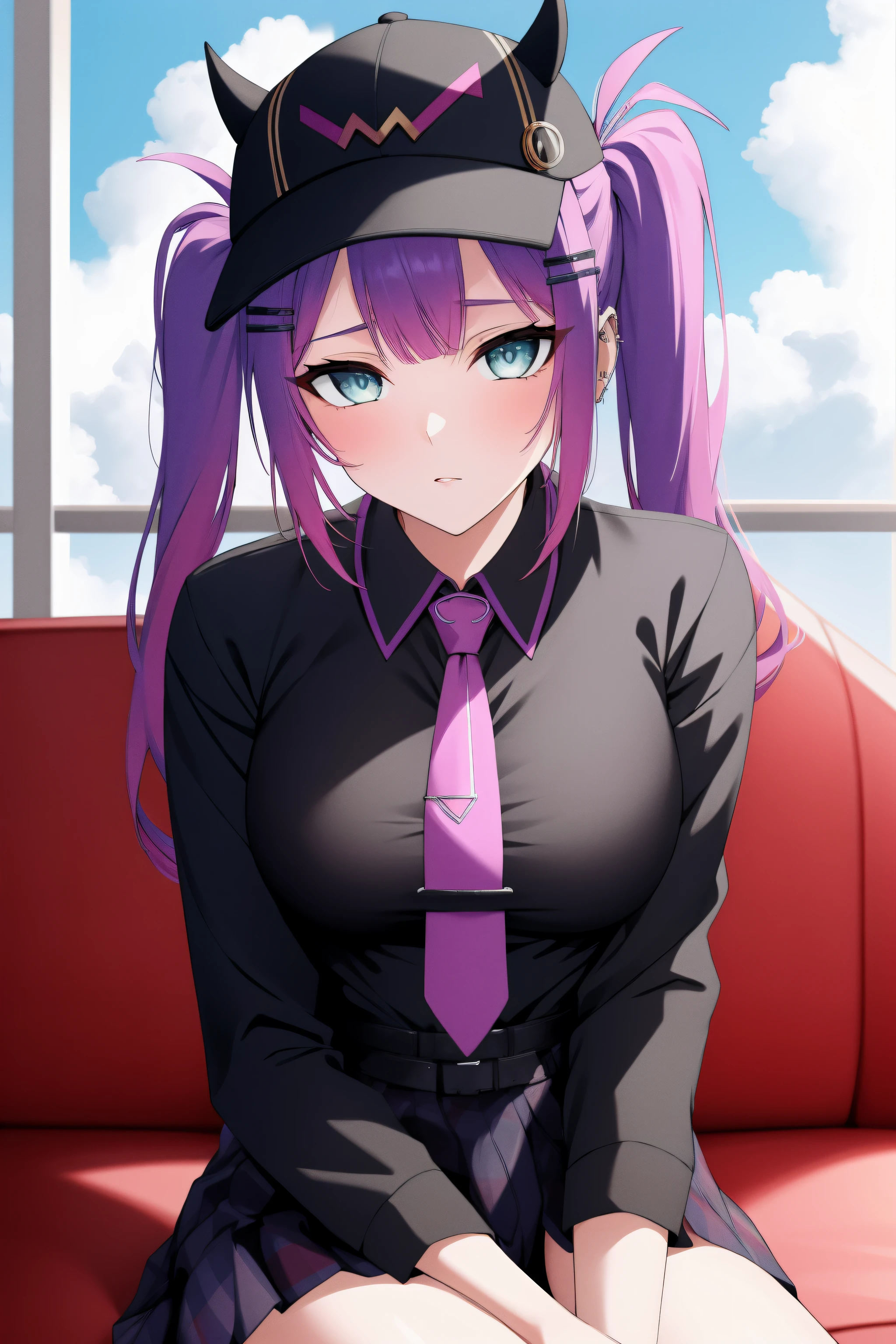 (day:1.7), sky background,a blue sky and clouds,
sitting at attention,sitting on couch,
purple necktie, black shirt, collared shirt, long sleeves, black skirt, plaid skirt,
aatowa, long hair, twintails, black headwear, baseball cap, fake horns, hairclip, piercing, demon tail,
1 girl, 20yo,young female,Beautiful Finger,Beautiful long legs,Beautiful body,Beautiful Nose,Beautiful character design, perfect eyes, perfect face,
looking at viewer, (innocent_big_eyes:1.0),(expressionless:1.3),
NSFW,official art,extremely detailed CG unity 8k wallpaper, perfect lighting,Colorful, Bright_Front_face_Lighting,
(masterpiece:1.0),(best_quality:1.0), ultra high res,4K,ultra-detailed,
photography, 8K, HDR, highres, absurdres:1.2, Kodak portra 400, film grain, blurry background, bokeh:1.2, lens flare, (vibrant_color:1.2)
(Beautiful,medium_Breasts:1.4), (beautiful_face:1.5),(narrow_waist),(perfect hands, perfect anatomy),