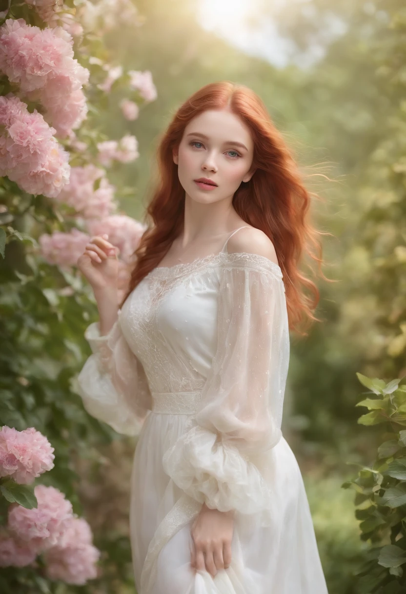 (best quality,4k,8k,highres,masterpiece:1.2),ultra-detailed,(realistic,photorealistic,photo-realistic:1.37), Gorgeous  redhead, long straight hair, sparkling green eyes, delicate freckles, rosy cheeks, and a bright smile. The girl is standing in a lush garden surrounded by vibrant flowers and tall trees. Her hair gently sways in the breeze, adding a touch of elegance to her appearance. She is wearing a flowing white dress that complements her vibrant hair color. The sunlight filters through the leaves, casting a warm and soft glow on her youthful face. The garden is filled with various shades of pink, purple, and yellow flowers, creating a visually stunning backdrop. Birds chirp in the distance, adding a sense of tranquility to the scene. The overall color palette is vibrant and saturated, emphasizing the beauty of the surroundings. The lighting is soft and natural, showcasing the girl's radiant features.