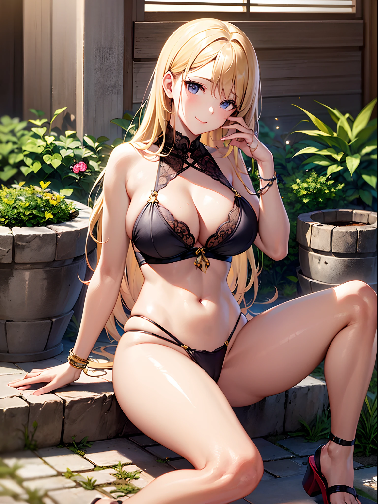 ((Finest quality)),(超A high resolution),(ultra-detailliert),(Meticulous portrayal),((Best CG)),(Finest works of art),Ultra-Precision Art,The art of astounding depiction, (1 Gravure model:1.5),Glamorous Body,huge tit:1.5,fine-grained skin,toned belly,shiny long blonde hair:1.5,a smile, Bar sandals:1.4 Sitting:1.5