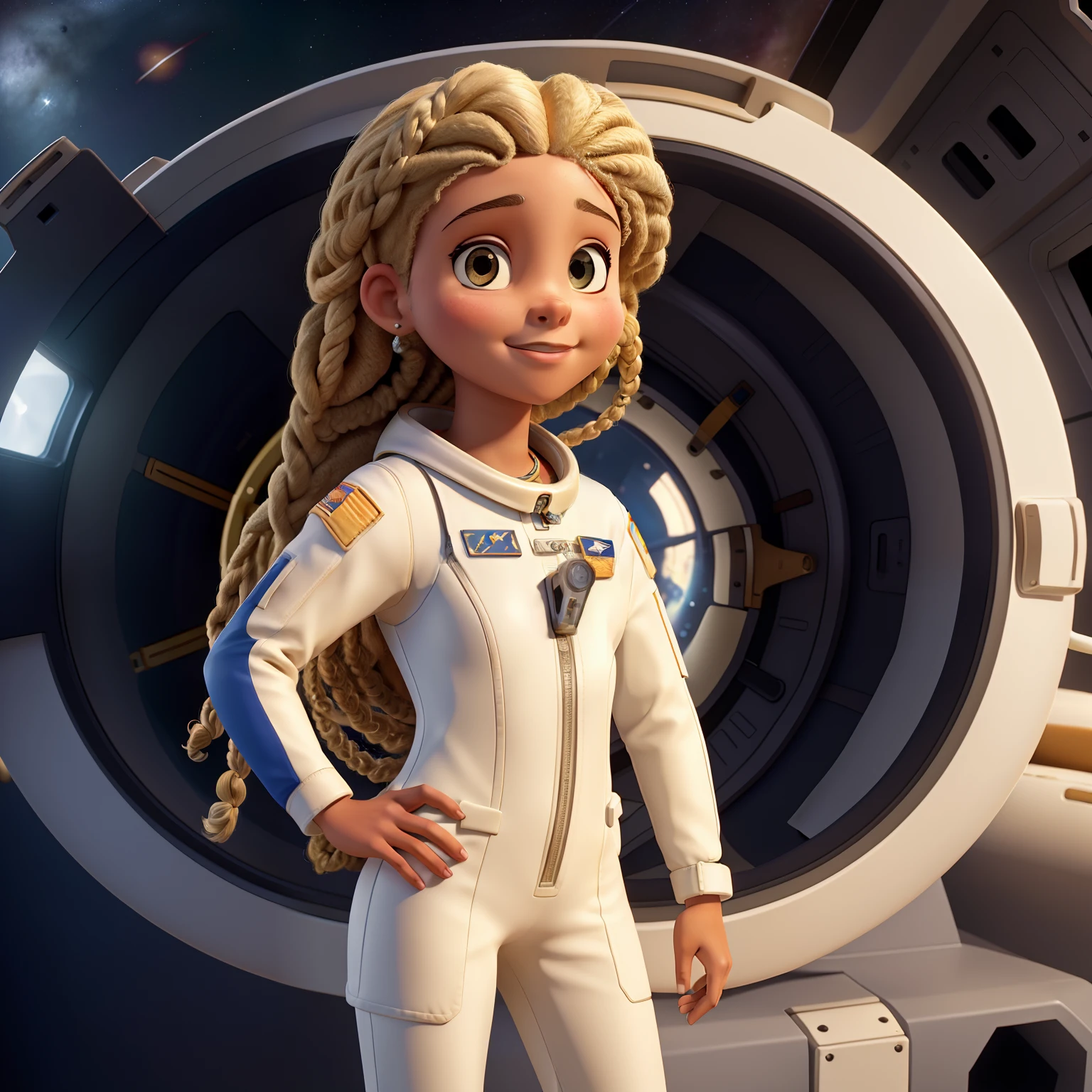 Image of astronaut in NASA astronaut suit, Standing position, garota de 16 anos, afro-brasileira, blonde braided hair, estudante premiada, garota muito linda, Pele Delicada, Gorgeous appearance, veste roupa de astronauta da NASA, He holds an astronaut's helmet in his right hand close to his body. Ao fundo foguete