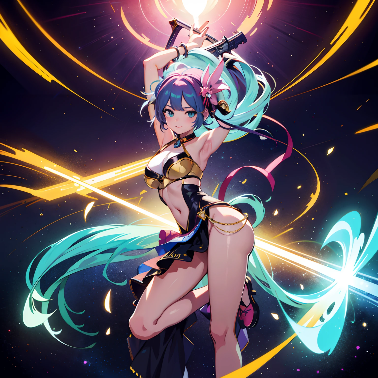 Anime girl with long hair and sword in space, Anime art wallpaper 8k, best anime 4k konachan wallpaper, 3 d render character art 8 k, anime style 4 k, anime goddess, 8k stunning artwork, anime art wallpaper 4k, anime art wallpaper 4k, 8k high quality detailed art, very detailed Artgerm, Miku