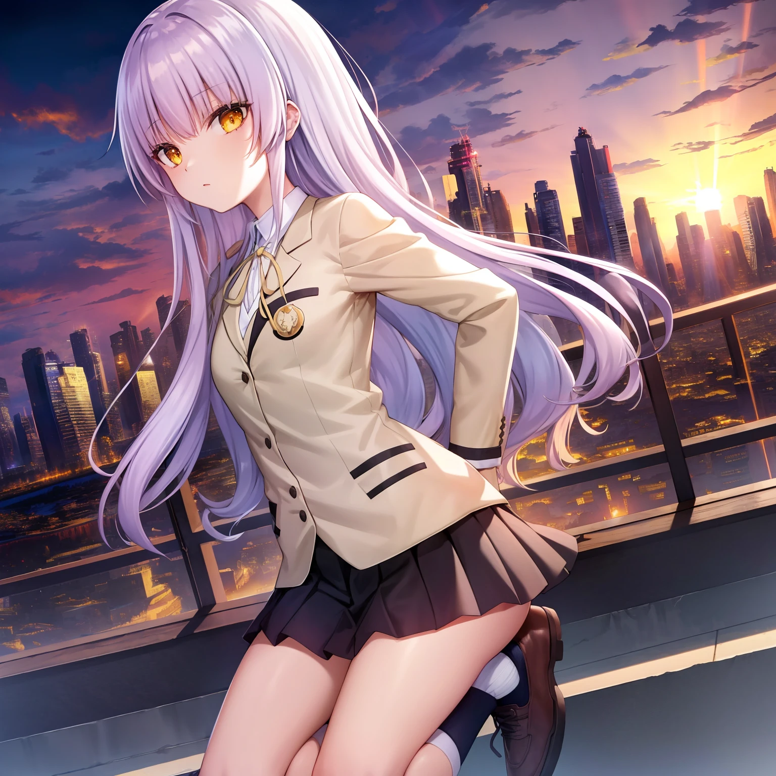 ,masutepiece, Perfect face,(dense lines:1.0), (Ultra-detailed:1.2), (Oil Painting:0.9), (the Extremely Detailed CG Unity 8K Wallpapers:1.2),
Looking at Viewer,(((City of Sunsets))),(((Sunset))),
1girl in,Solo,Long hair,School uniform,Jacket,Yellow eyes,Blazer,Skirt,White socks,shoes,Canadest Girl,Angel Beats!,Light purple hair,